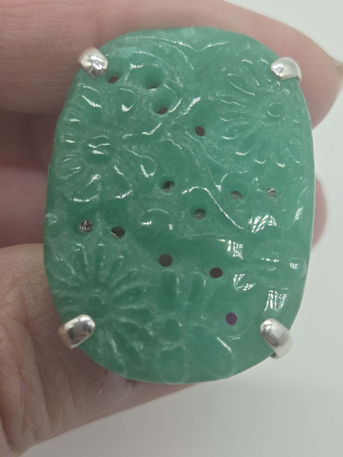 Vintage Amy Kahn Russell AKR 925 Sterling Silver Carved Green Jade Ring Size 9
