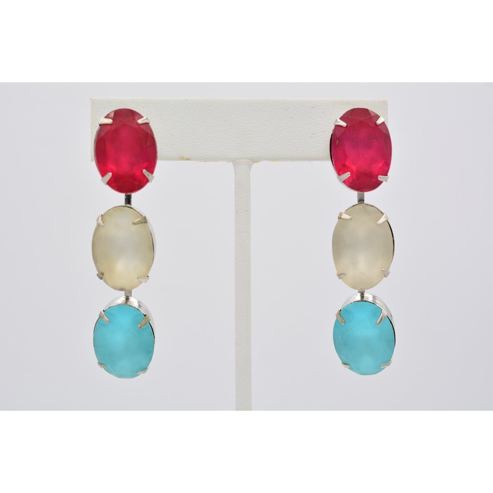 Vintage Frosted Crystal Drop Earrings Dangle Hot Pink White Blue Chunky 80s A19