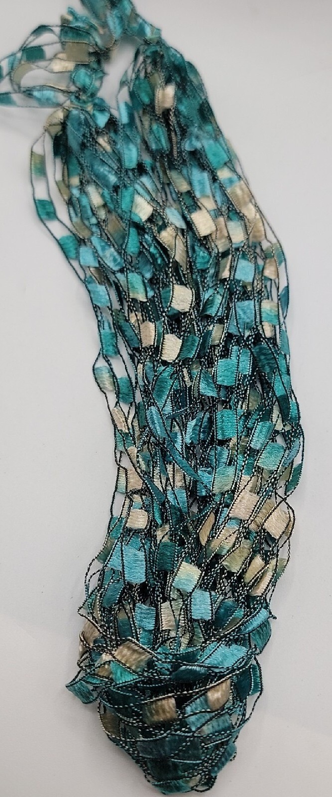 Scarf Ribbon Necklace Turquoise White Block Pattern 24″ Necklace VTG