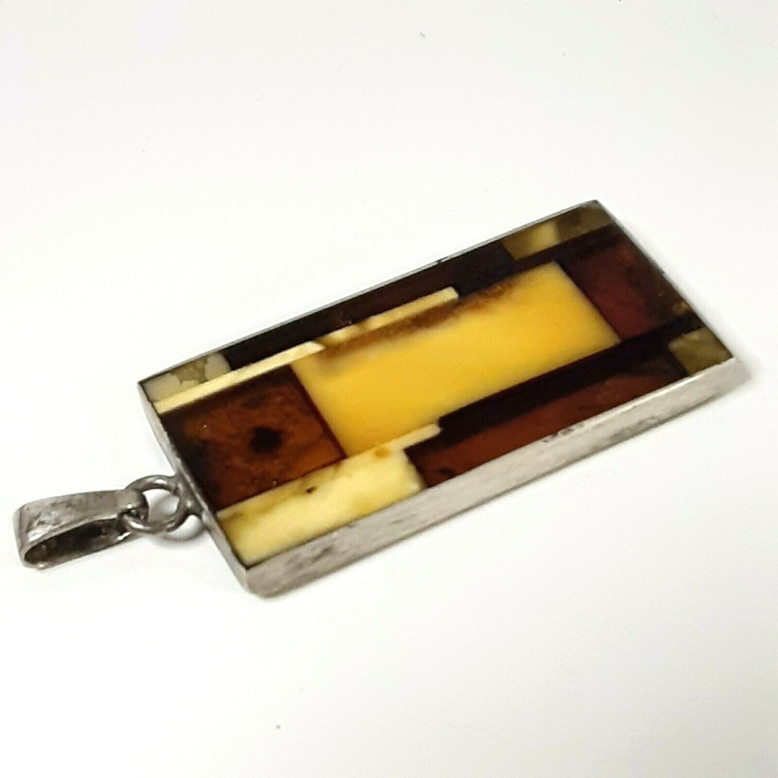 Vintage JZ Inlay Baltic Egg Yolk & Cognac Amber Sterling Silver Pendant Poland