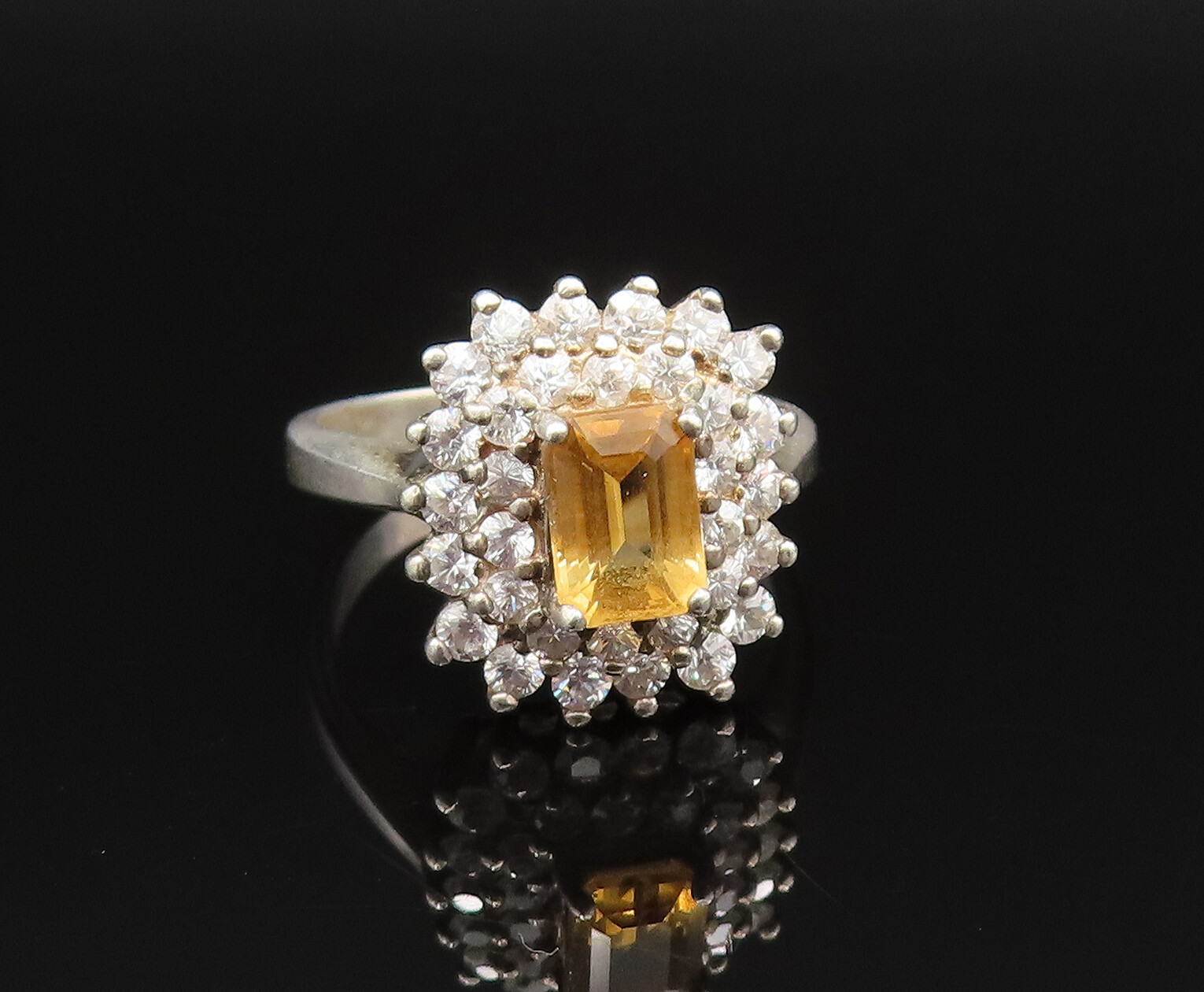 925 Sterling Silver Vintage Citrine & Cubic Zirconia Halo Ring Sz 7 RG25641