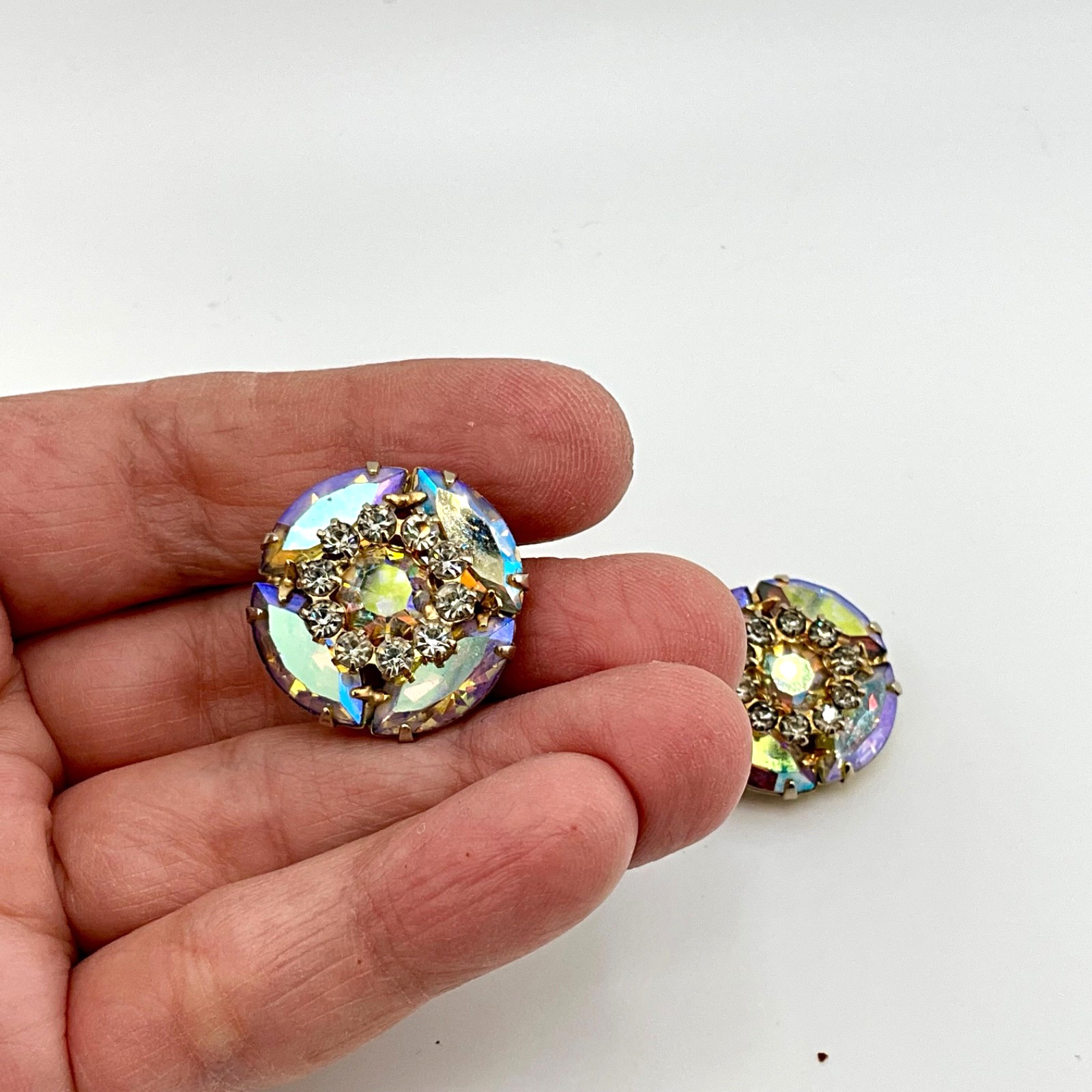 Vintage Aurora Borealis Crystal Earrings Mid Century Hollywood Regency Glam