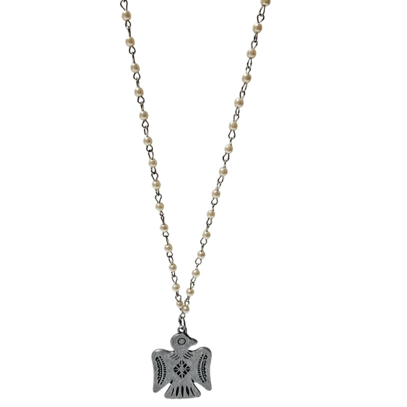 Vintage Silver Thunderbird Pendant Necklace Faux Pearl Beaded Chain Jewelry