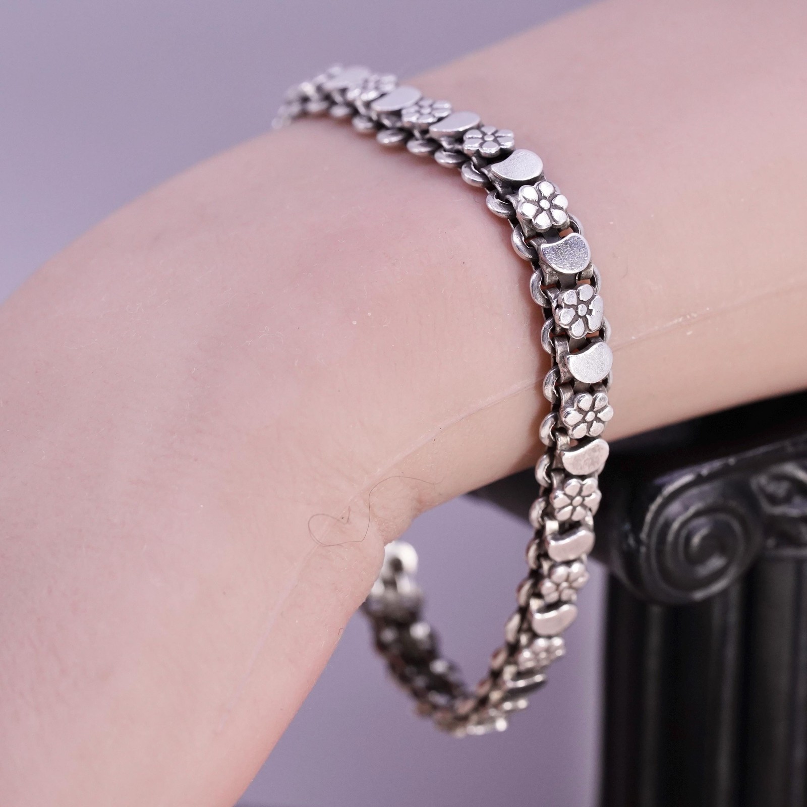 7.25″, vintage Sterling silver handmade tennis bracelet, 925 flower links