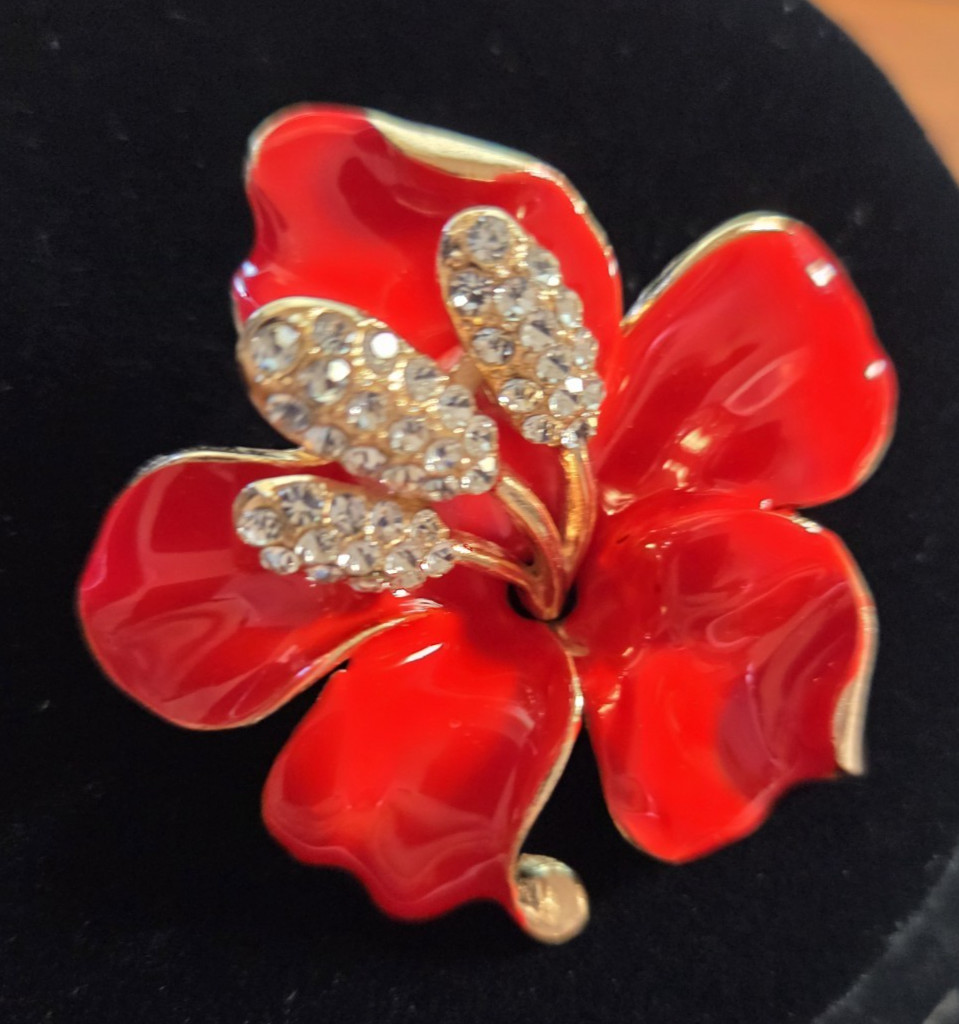 Red Hibiscus Flower Brooch Rhinestone Gold Tone Tropical Cuba Pink Gift Pouch