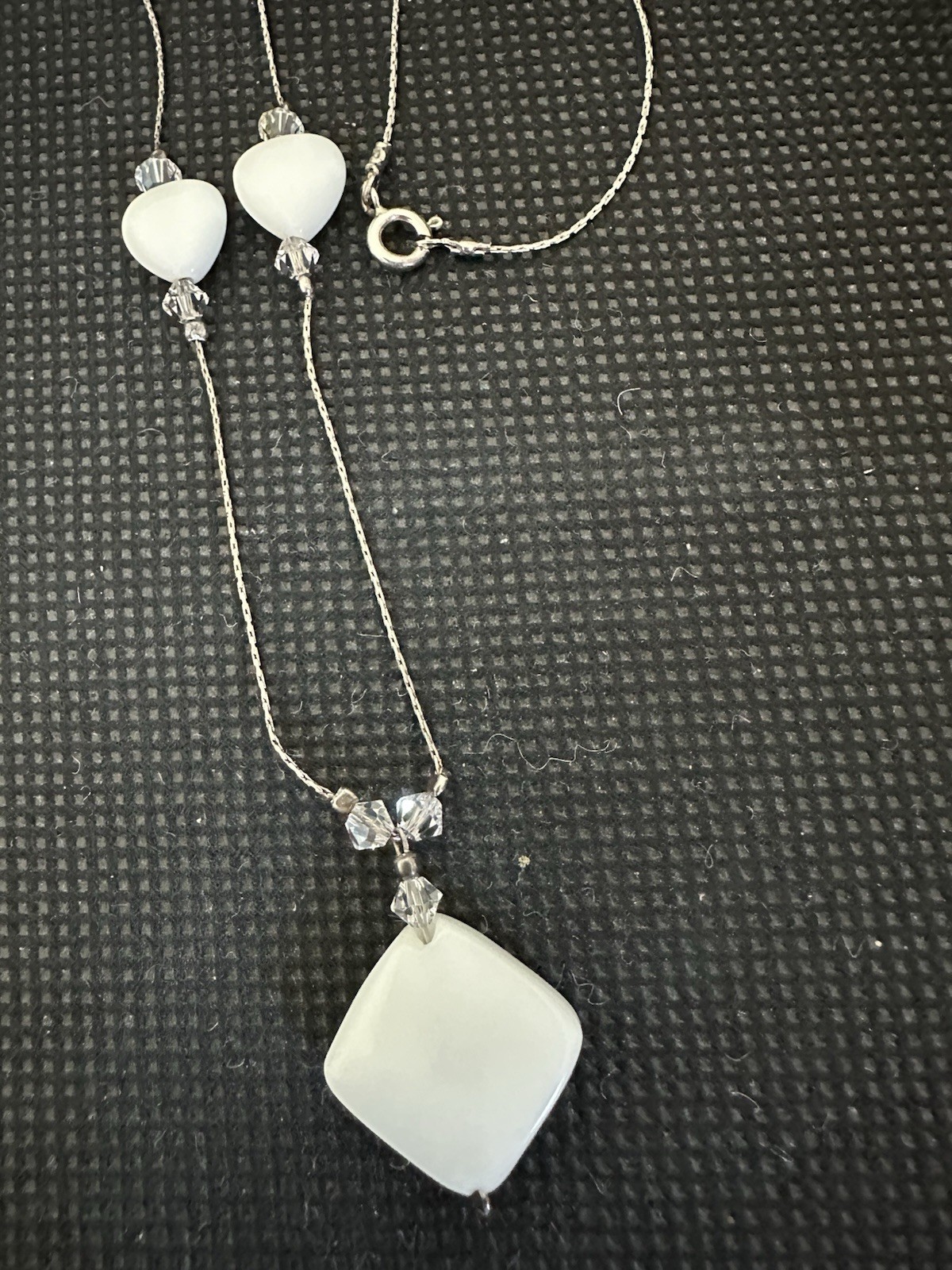 STERLING WHITE GEMSTONE RHOMBUS PENDANT & STATION HEARTS W/CRYSTALS NECKLACE
