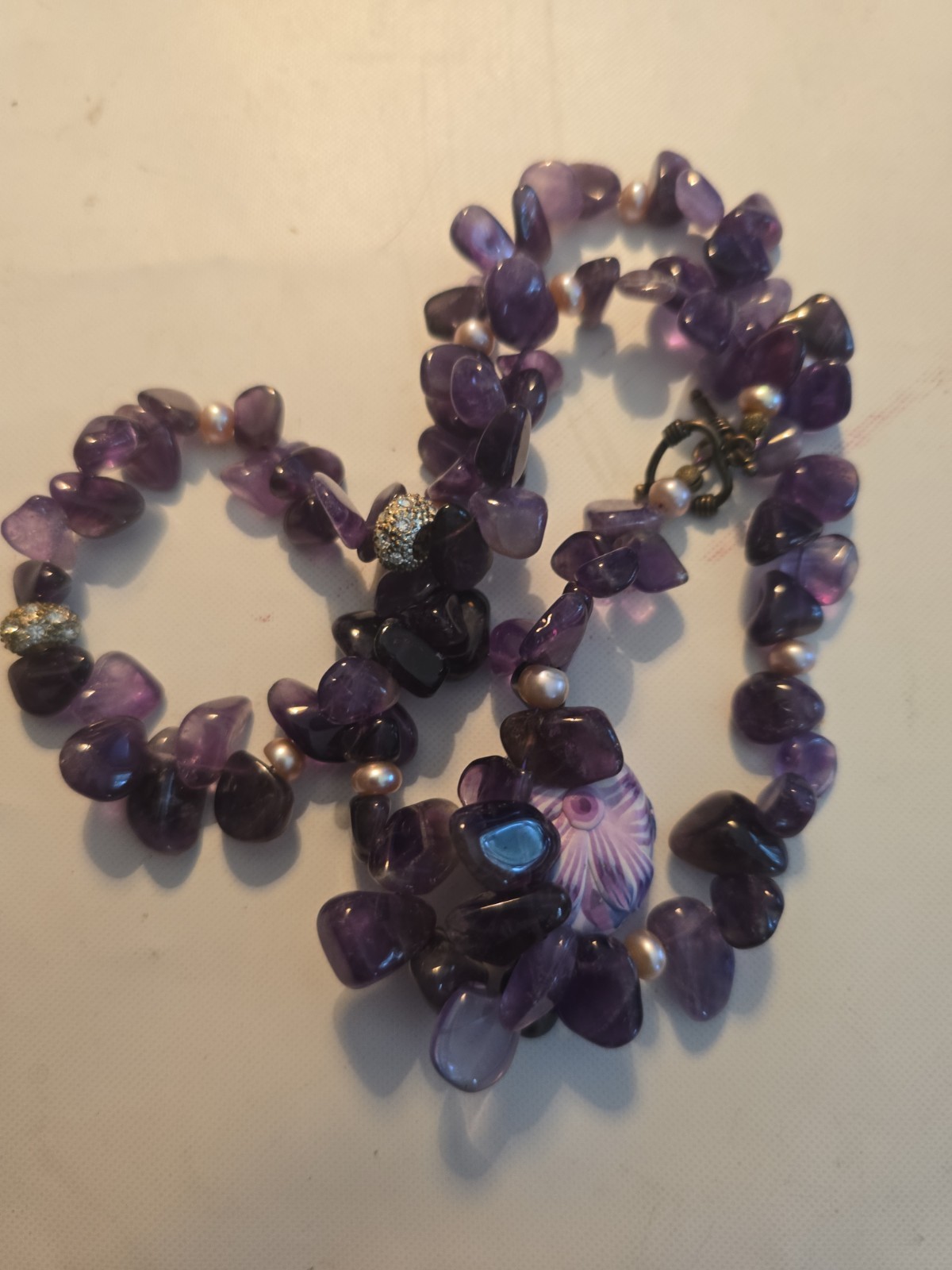 Vintage Amethyst Necklace Dark Purple Tumbled Polished Chips Pearl Rhinestone