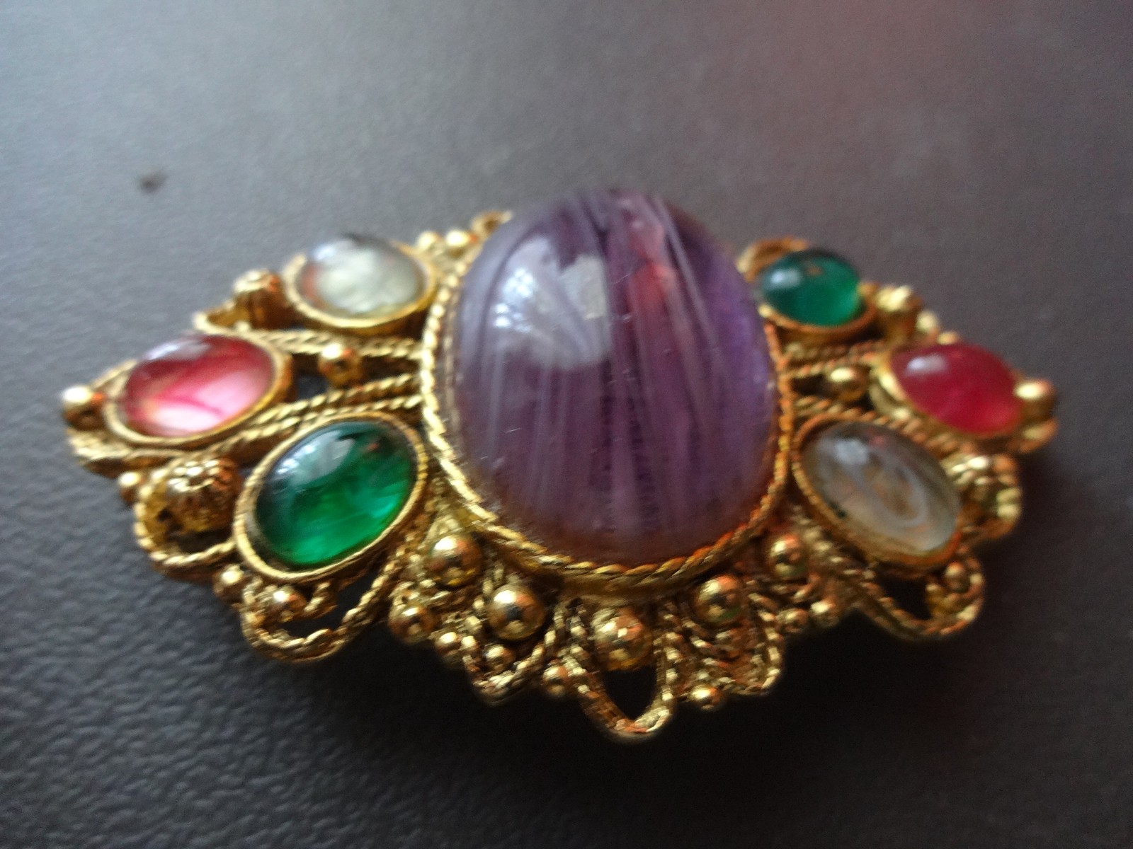 Vtg Gripoix Poured Slag Glass Mogul Multicolor Rhyinestone Jeweled Brooch