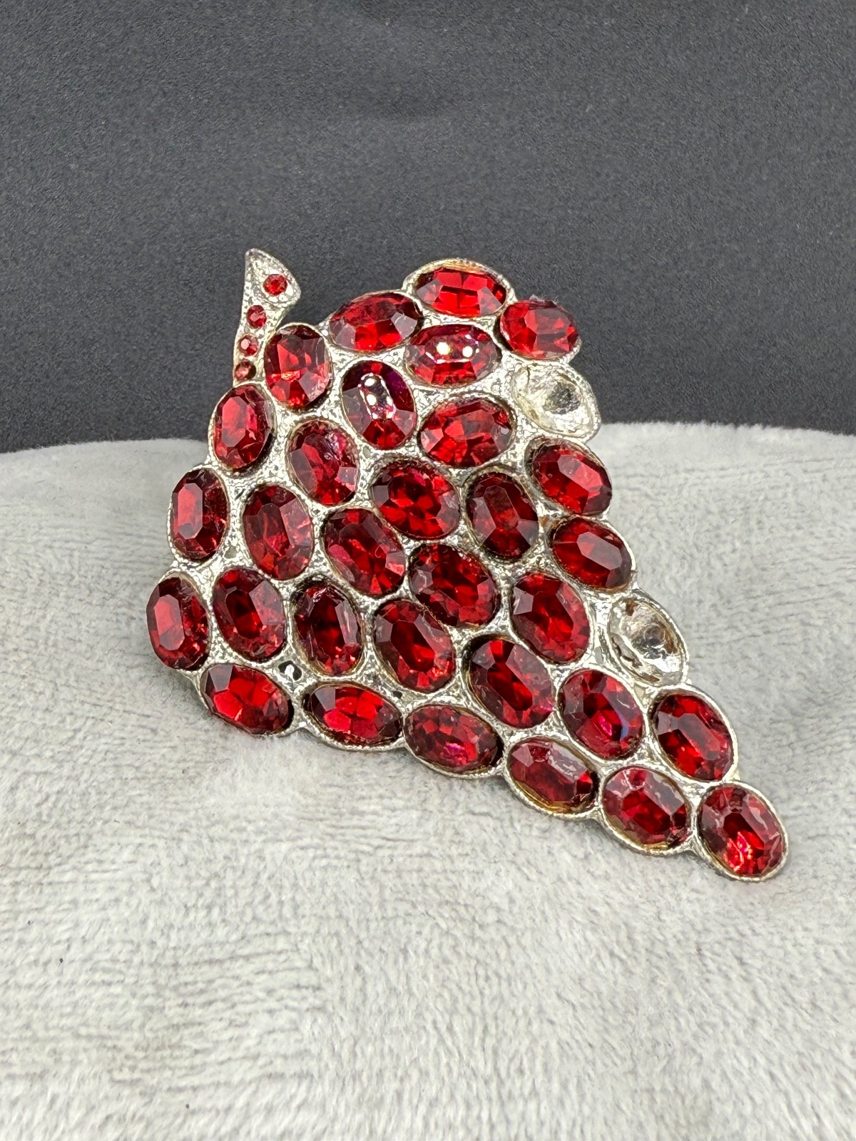 Vintage Rhinestone Red Grapes Dress Clip Silver Tone Pot Metal READ