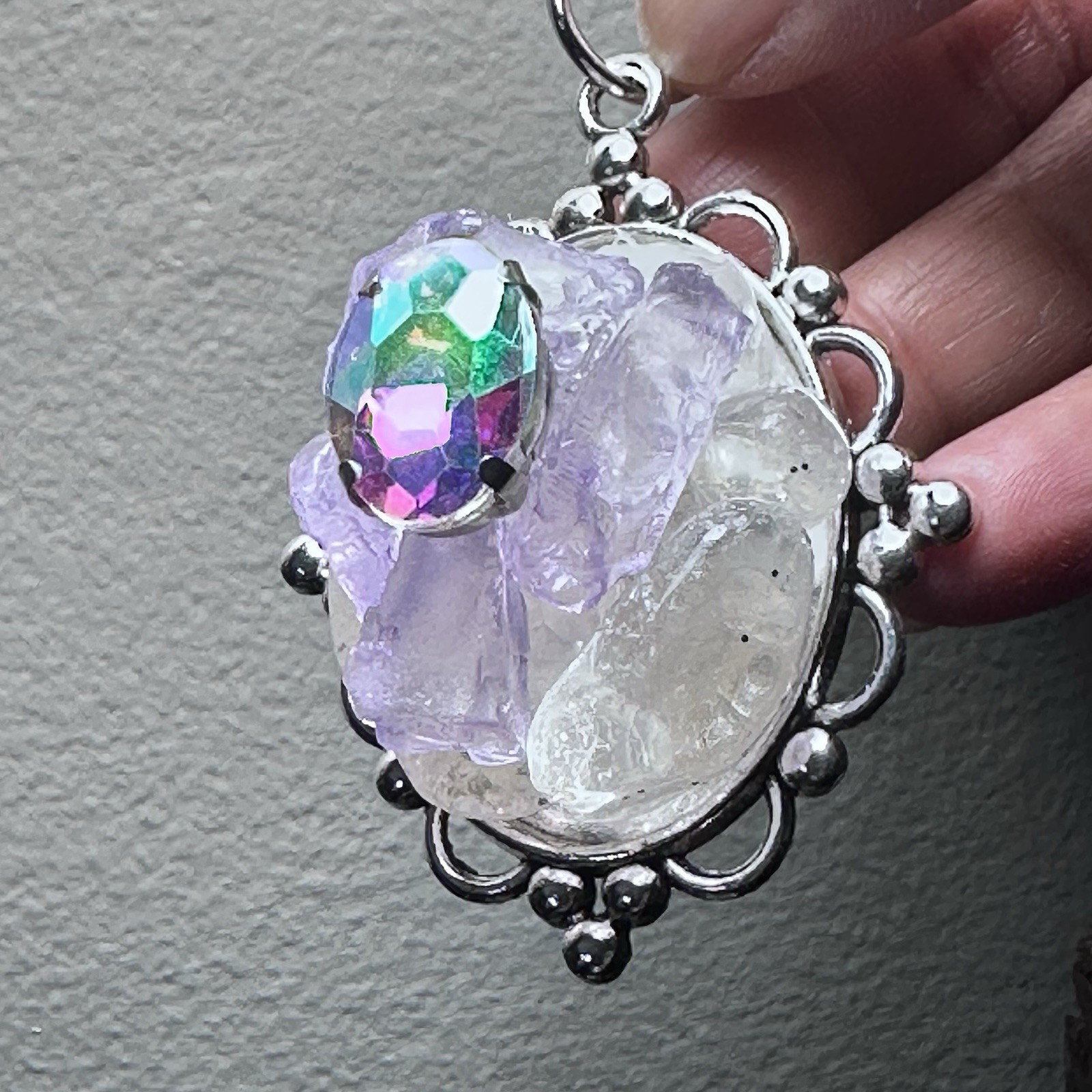 ARTISAN QUARTZ PENDANT GLASS BEADED COLLAGE NECKLACE HANDMADE STATEMENT OOAK