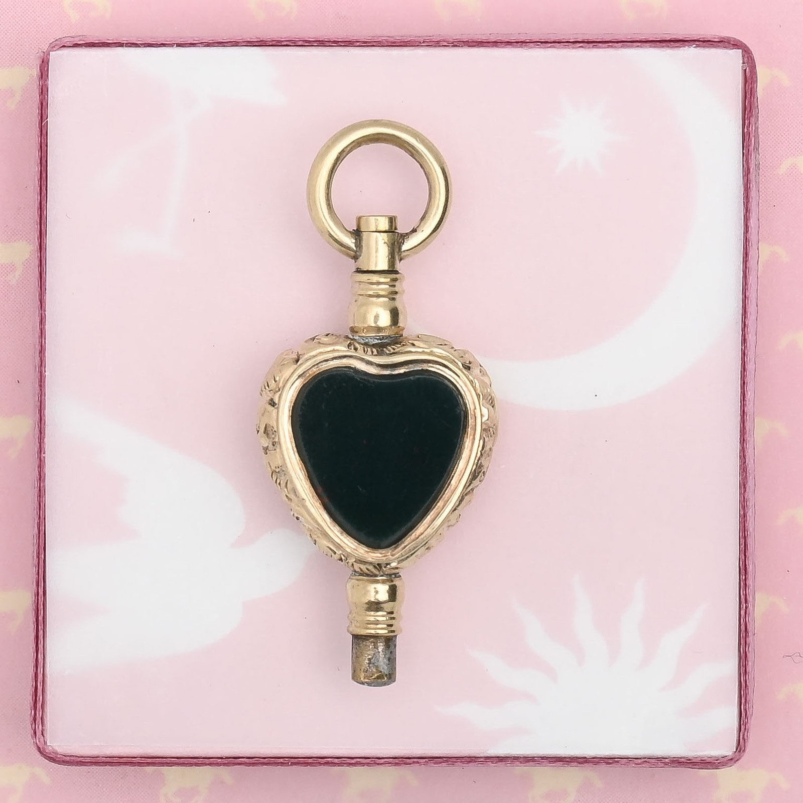 Antique Victorian HEART Peach & Bloodstone Gold Filled Key Fob Charm Pendant