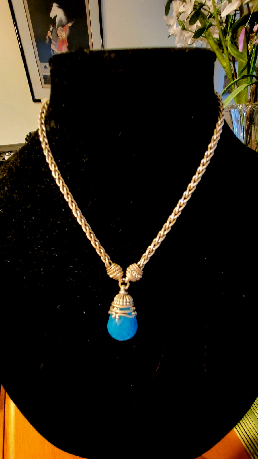 Jadeite stone pendant necklace stamped SH Avon antique silver tone cable chain