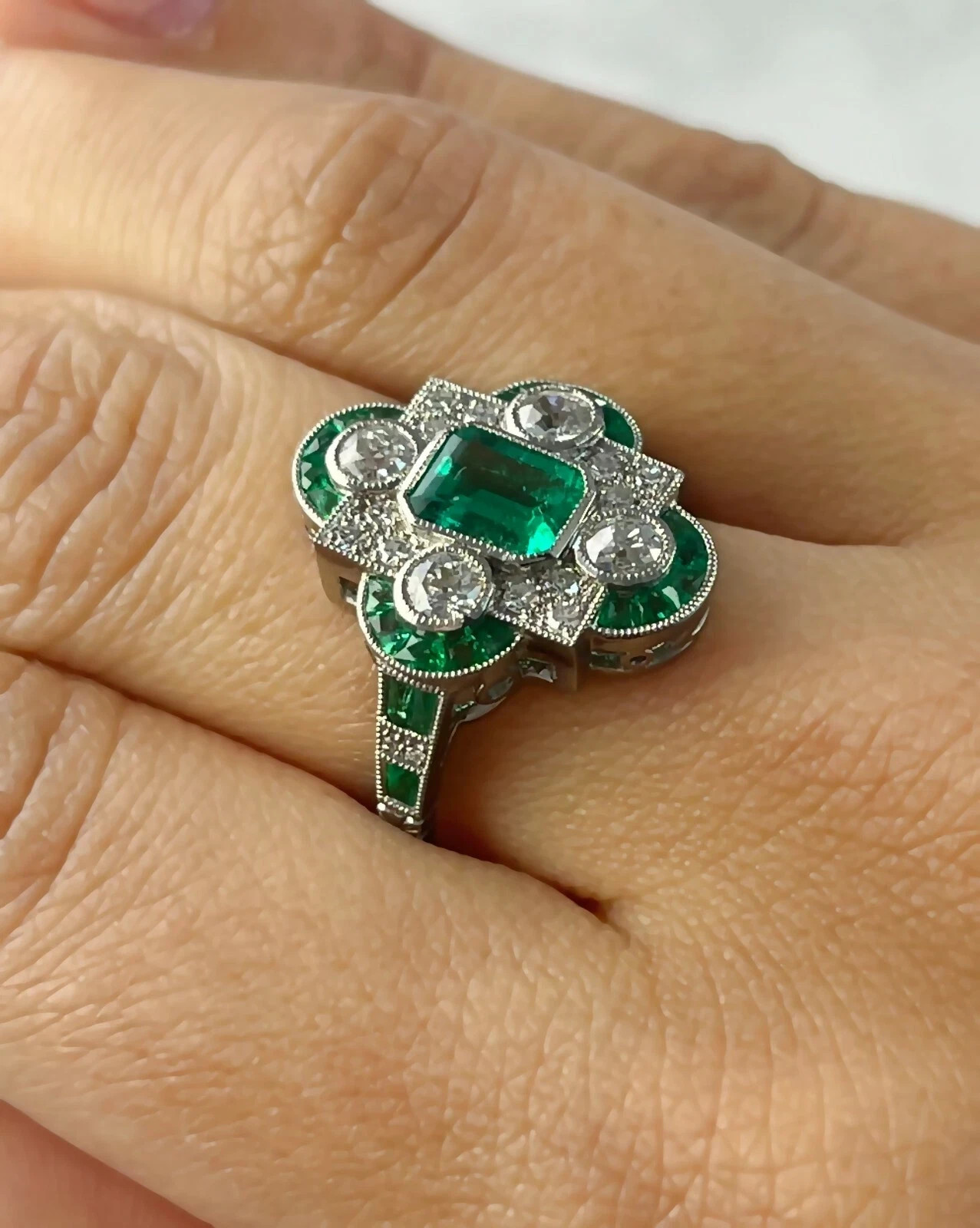 Art Deco Style Emerald and Lab Created Diamond Engagement 14K White Gold FN Ring