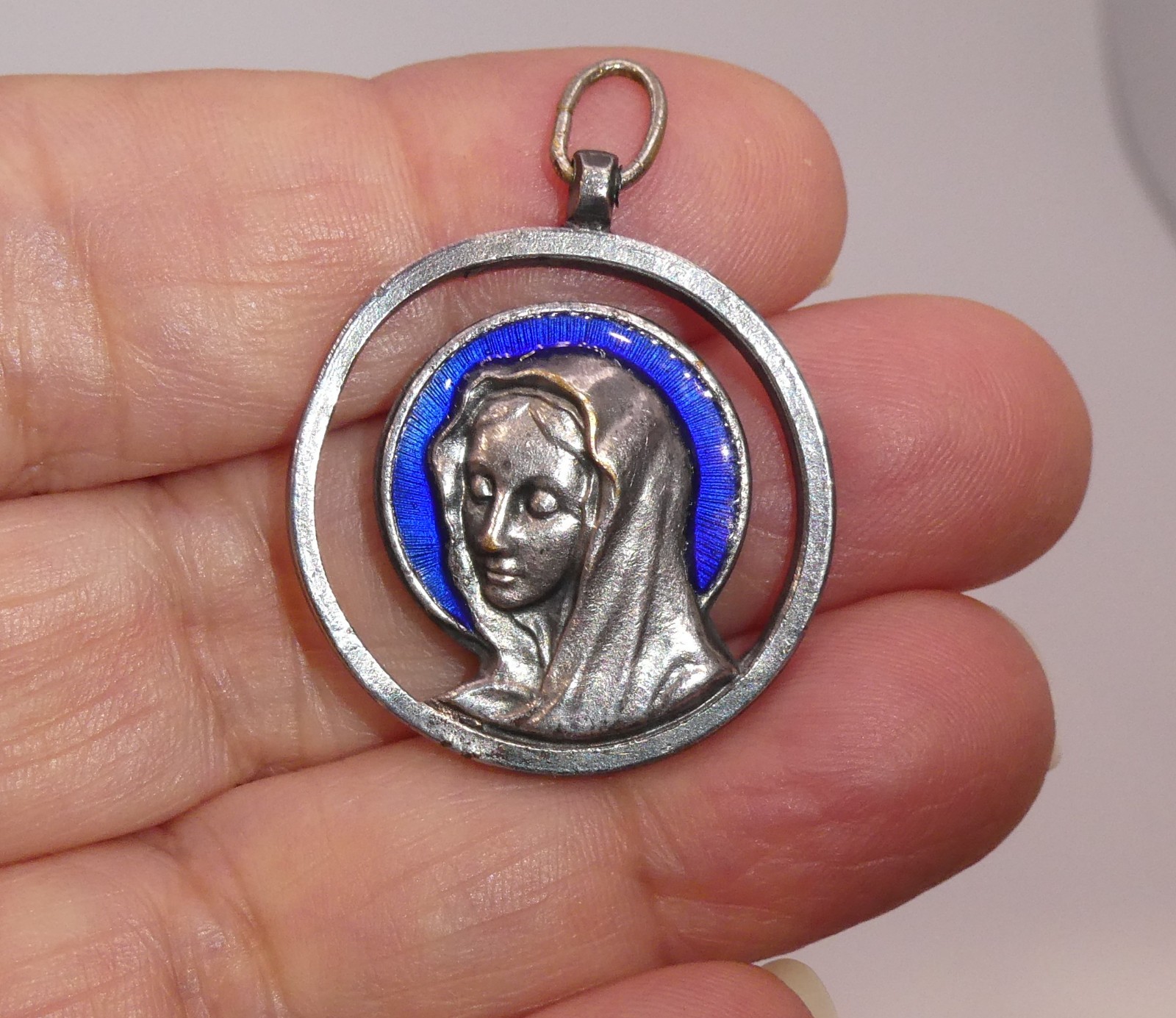 Vintage French Medal Lourdes Virgin Mary Blue Enamel Pendant Silver Tone 1 3/8″l