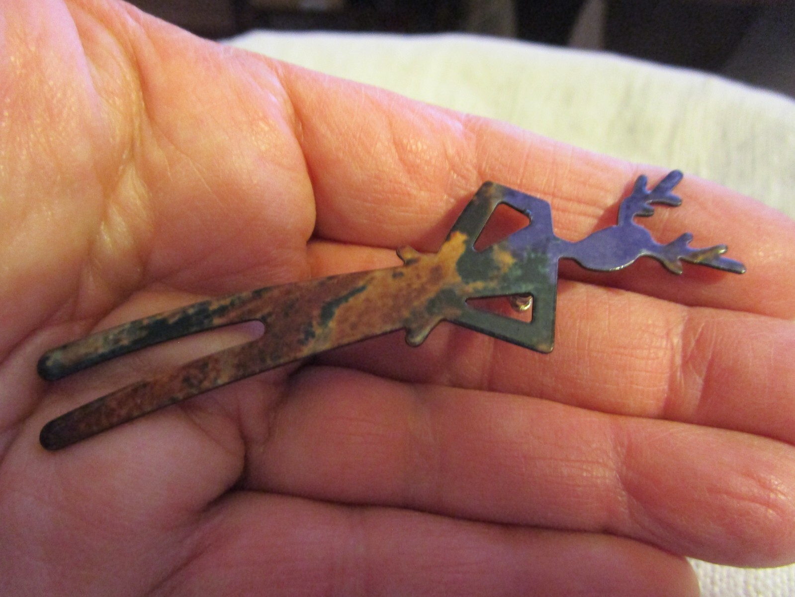 Enamel on metal, tall skinny person with antlers brooch, OOAK FE25-8