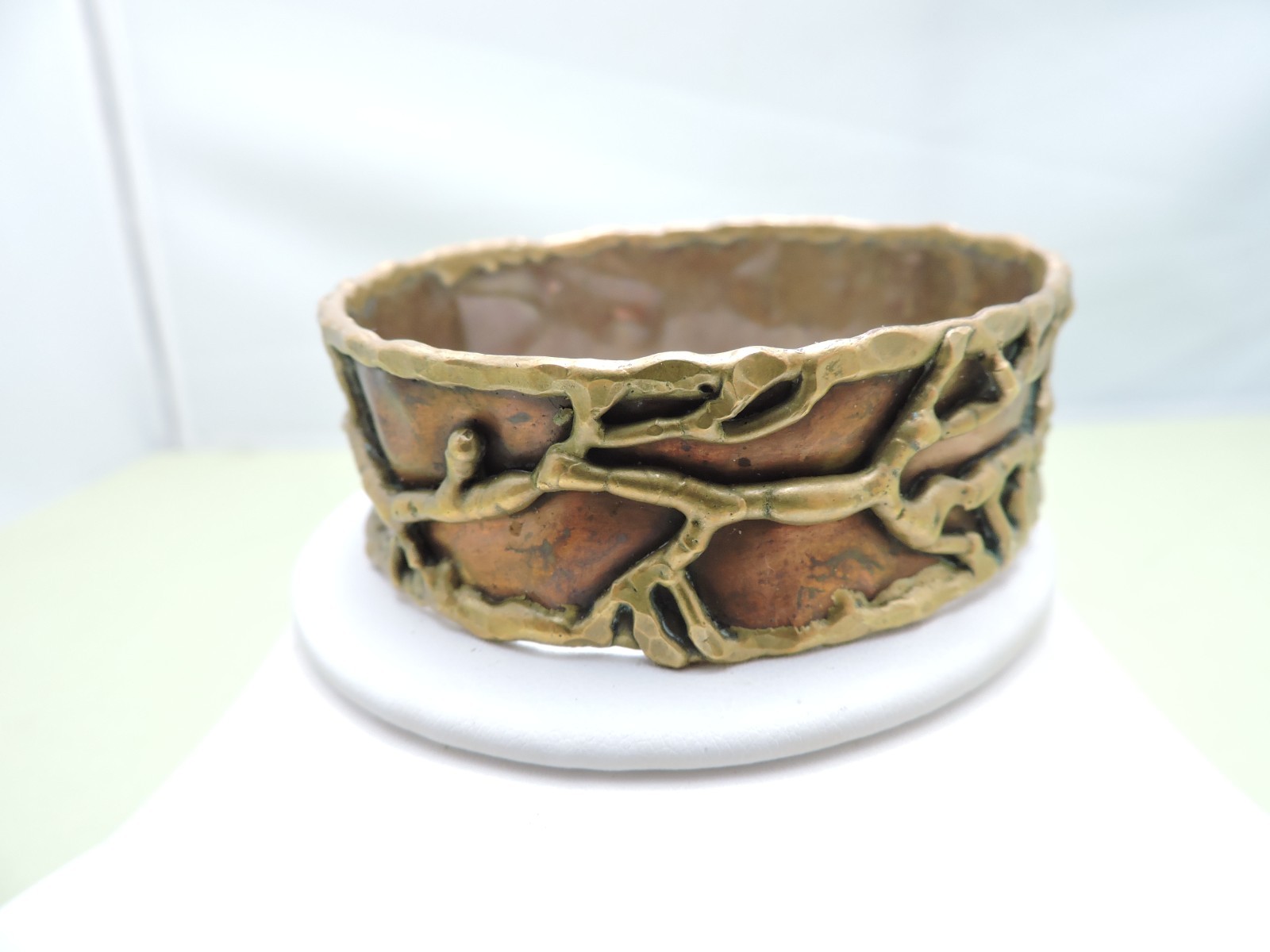 Vintage Artisan Mixed Metal Brutalist Abstract Cuff Bracelet Copper Brass 7.5″