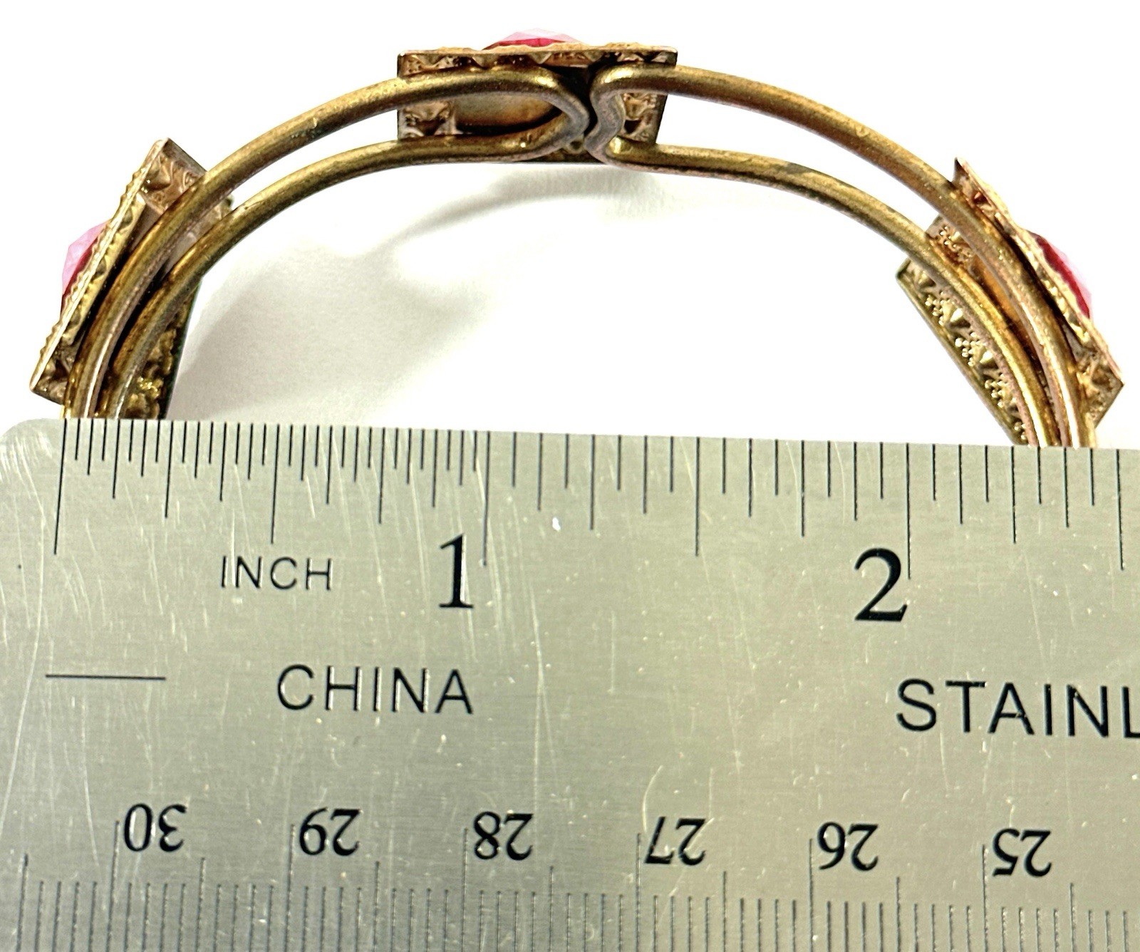 Vtg Brass Tone Cuff Bracelet Pink Jewels & Matching Adjustable Ring