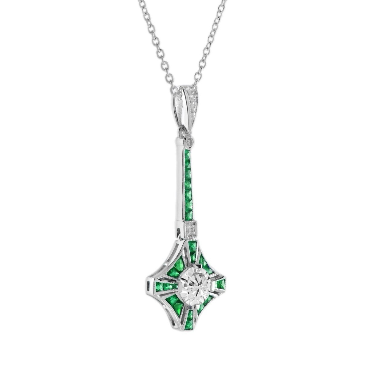 Art Deco Emerald & Moissanite Pendant Necklace Vintage Geometric Fine Jewelry