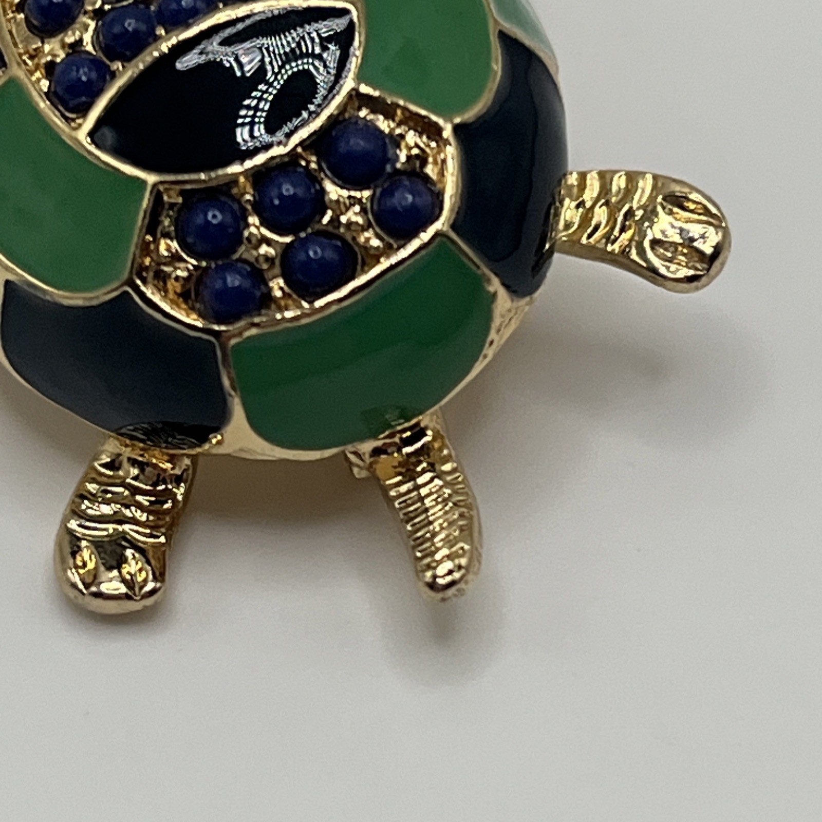 Vintage Enamel Turtle Brooch Gold Tone Green Blue Statement Piece Pin