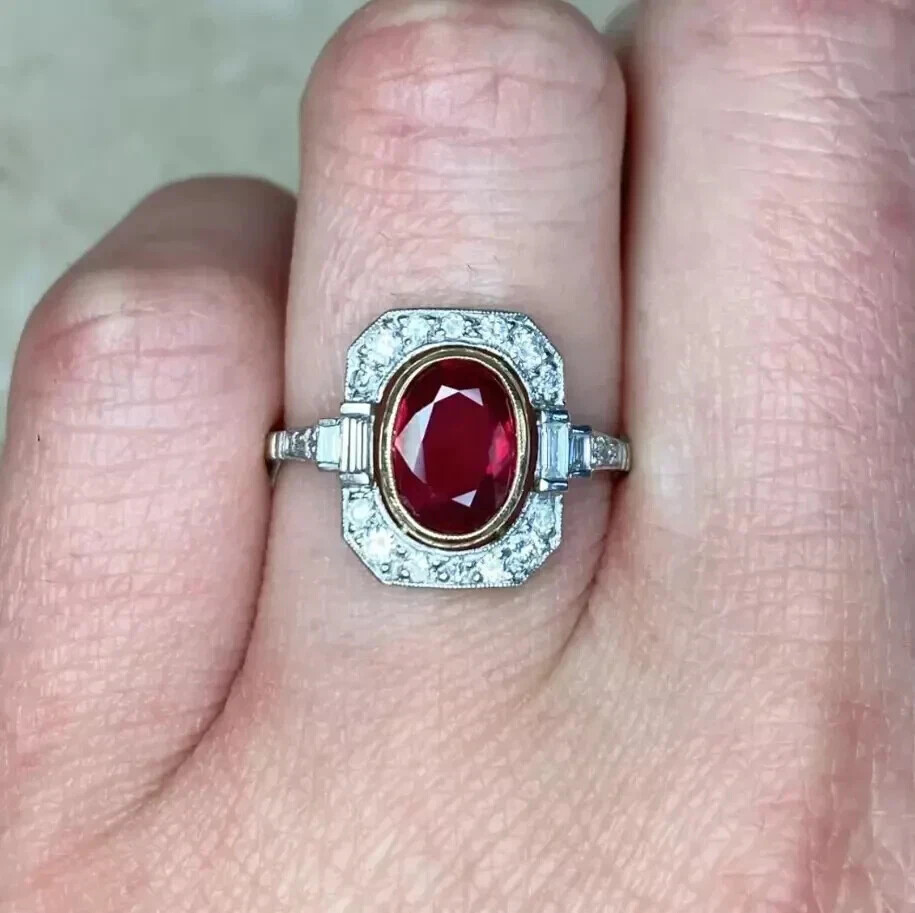2.50 Ct Art Deco Style Oval Cut Ruby And Lab-Created Diamond Wedding Silver Ring