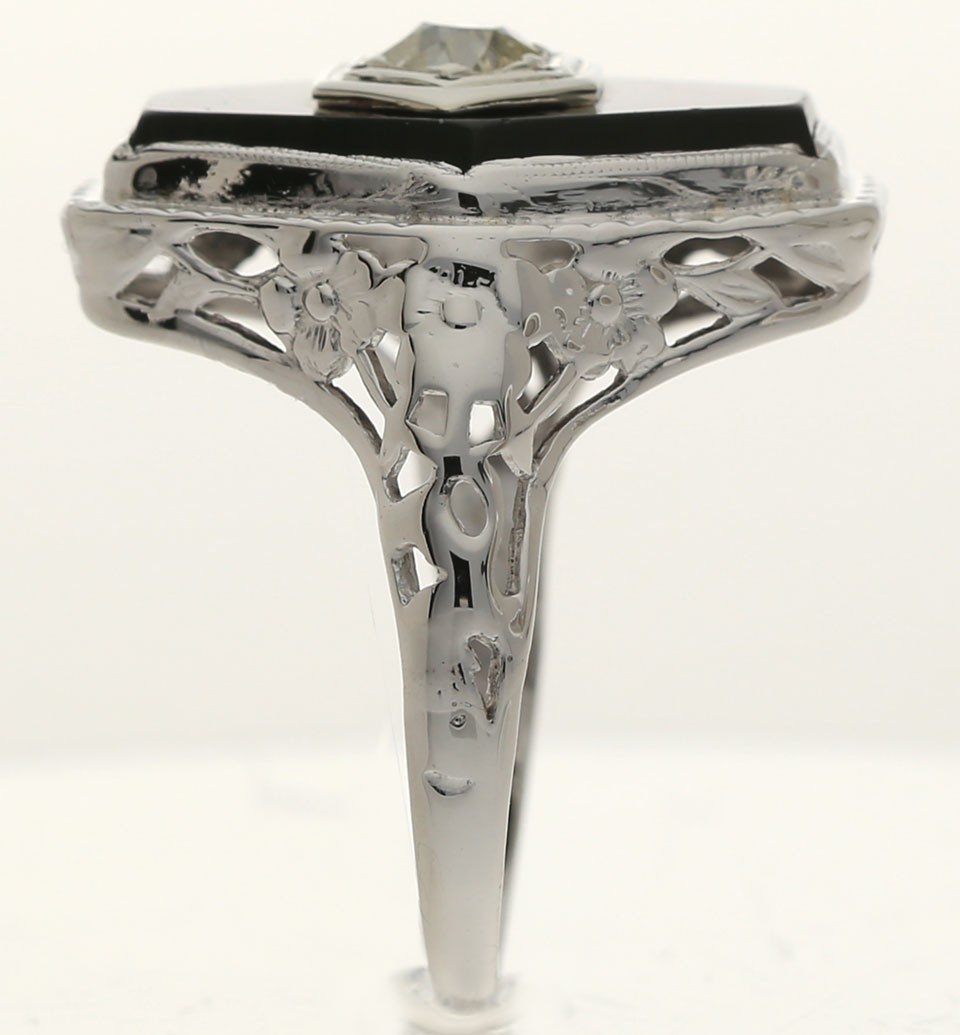 Antique Natural Diamond Onyx Filigree Ring .40CT 14K White Gold Size 7
