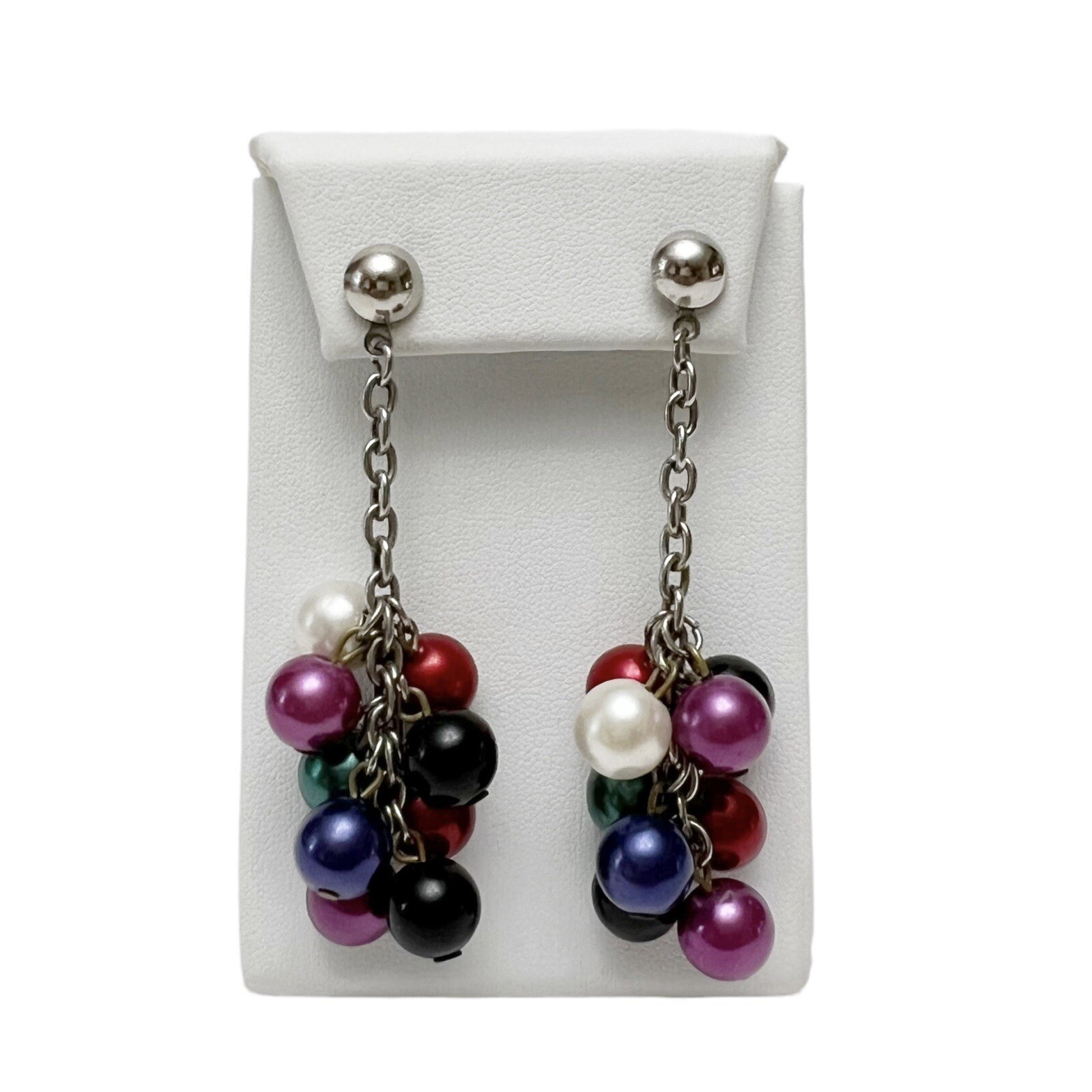 Vintage Multicolor Faux Pearl Beaded Dangling Cluster Chain Drop Earrings