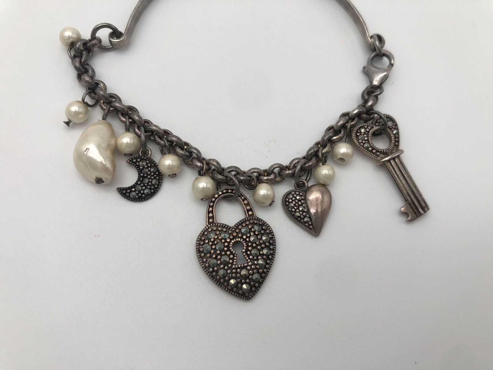 Vintage Sterling Silver Heart And Key Charm Bracelet Marcasite Stones Faux Pearl