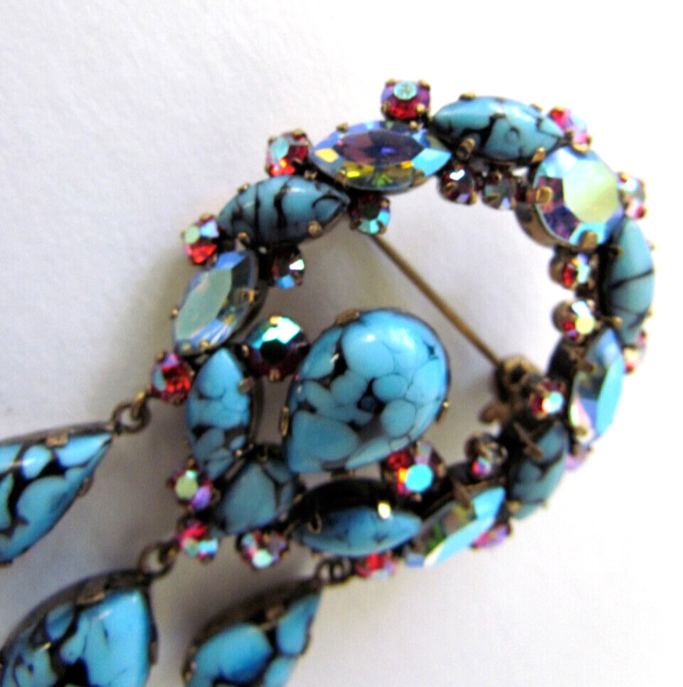 Vintage Austrian Art Glass Dangle Brooch Cabachon Rhinstones Blue Pink Rare