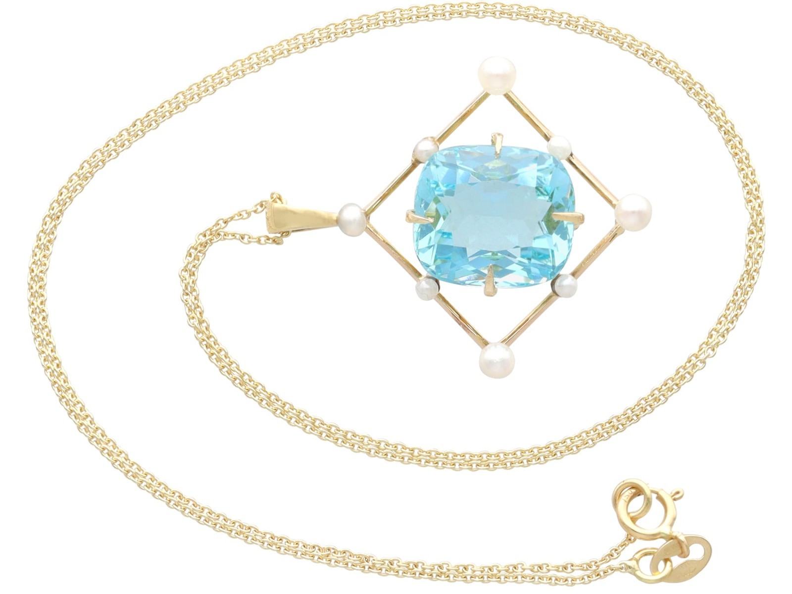 Antique 8.50Ct Aquamarine and Pearl 12k Yellow Gold Pendant Circa 1930