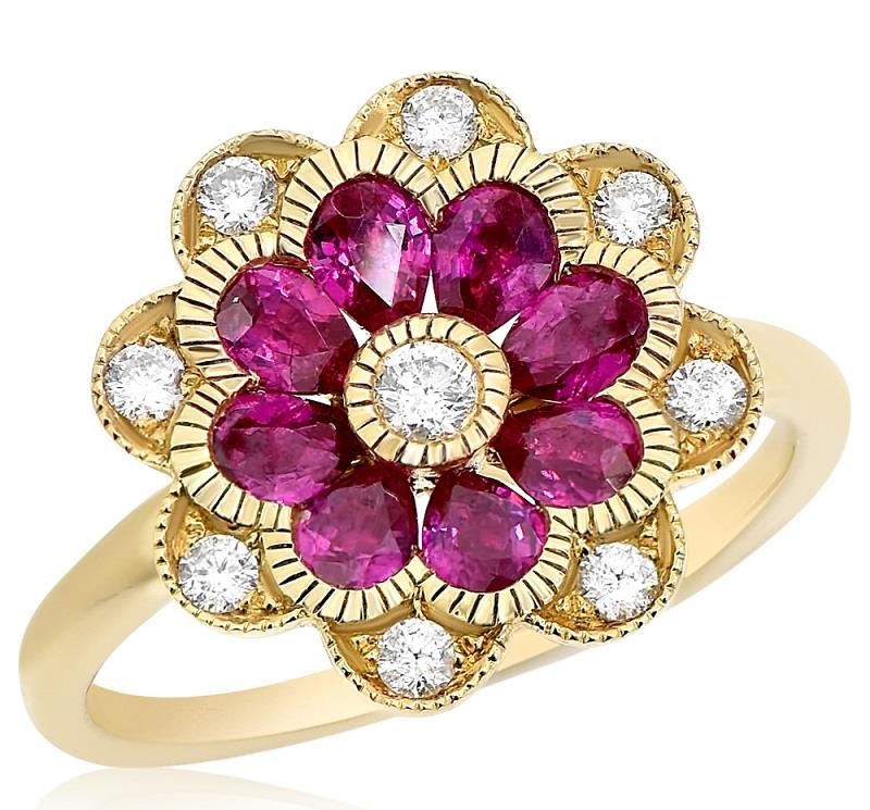 1.52CT DIAMOND & AAA RUBY 14KT WHITE GOLD 3D PEAR SHAPE & ROUND FLOWER FUN RING