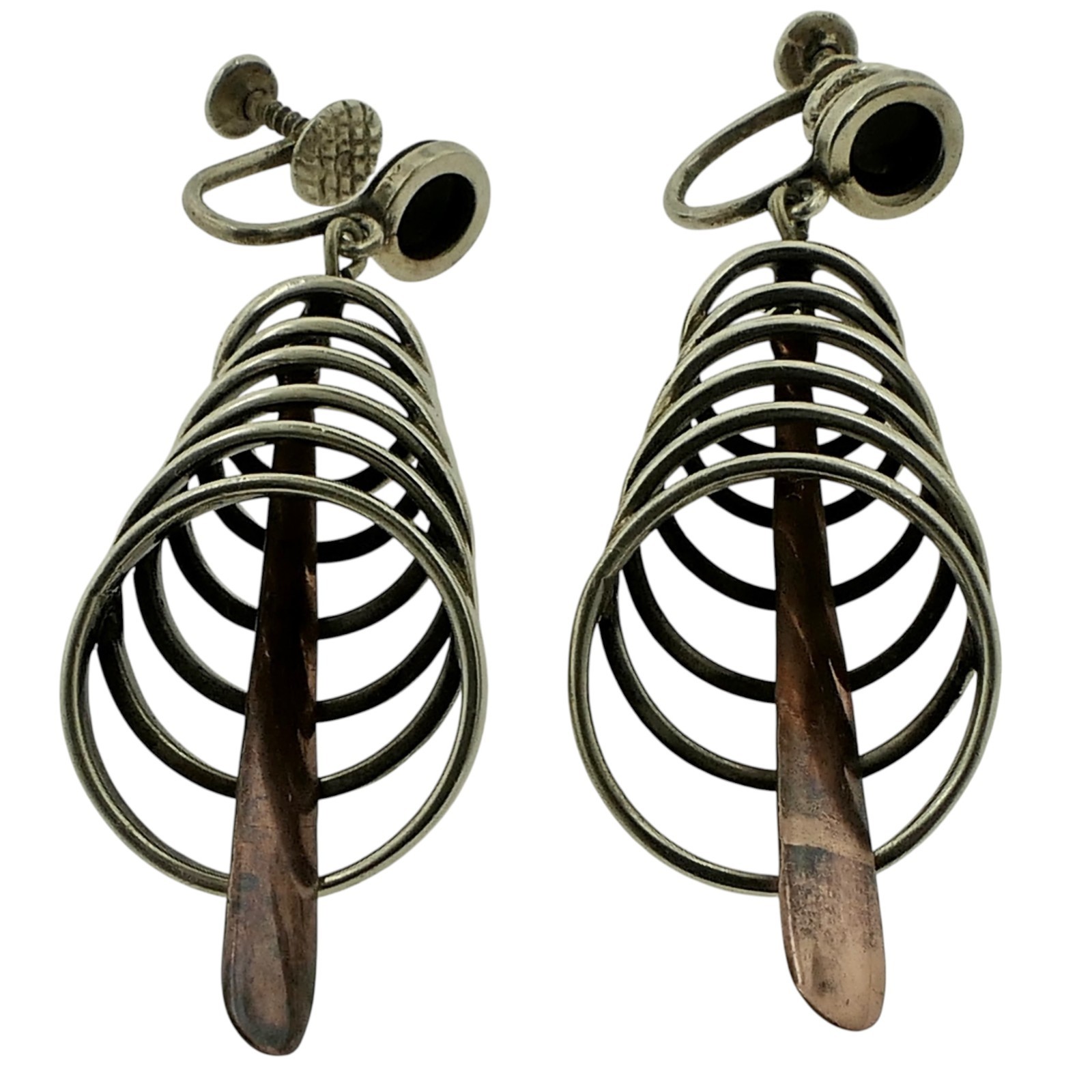 Los Castillo Sterling Copper Dangle Earrings #122 Taxco Mexico Modernist 2 1/4″