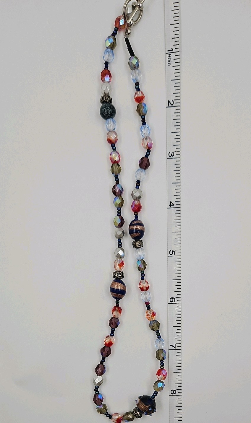 Vintage Artisanal Glass Bead Necklace Iridescent Crystal Boho Toggle Clasp