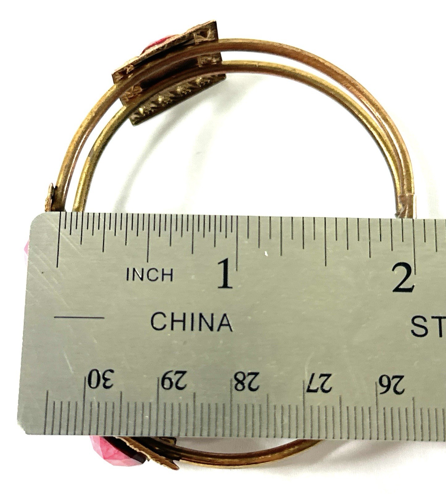 Vtg Brass Tone Cuff Bracelet Pink Jewels & Matching Adjustable Ring