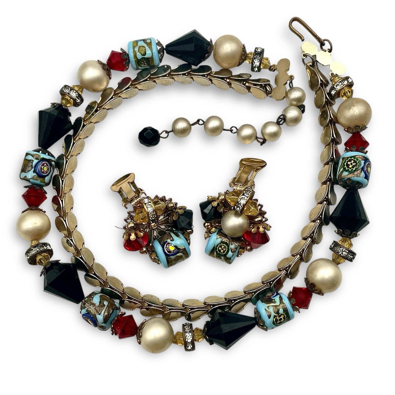 Vintage Demi Parure MILLEFIORI GLASS Beads Chain Necklace Earrings Italy READ