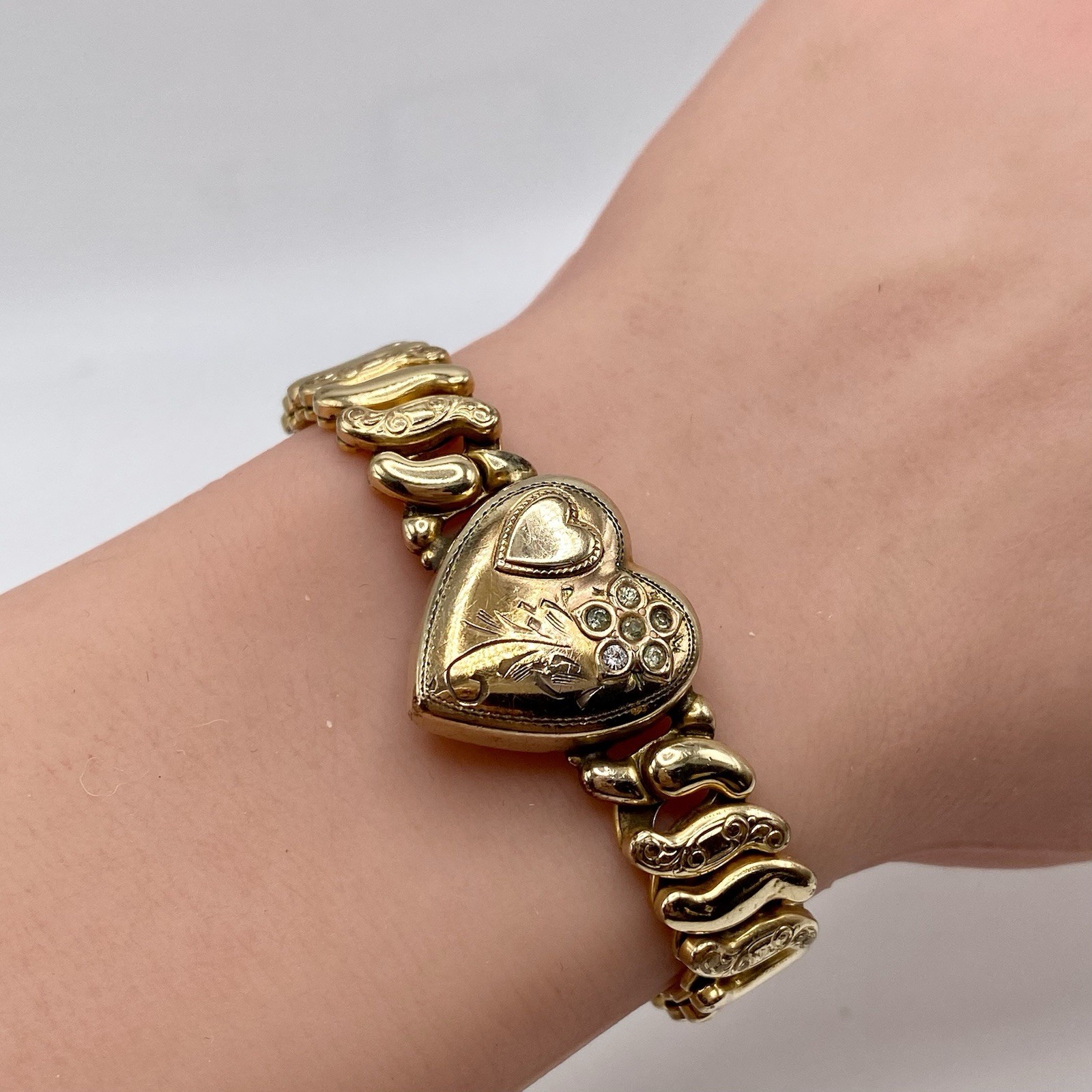 WWII Sweetheart Heart Expansion Bracelet Jewel Guild Gold Filled Rhinestone