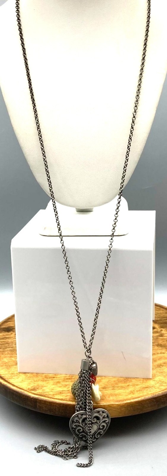 Vintage Hearts and Flowers Charm Pendant Necklace on Long Silver Tone Rolo Chain