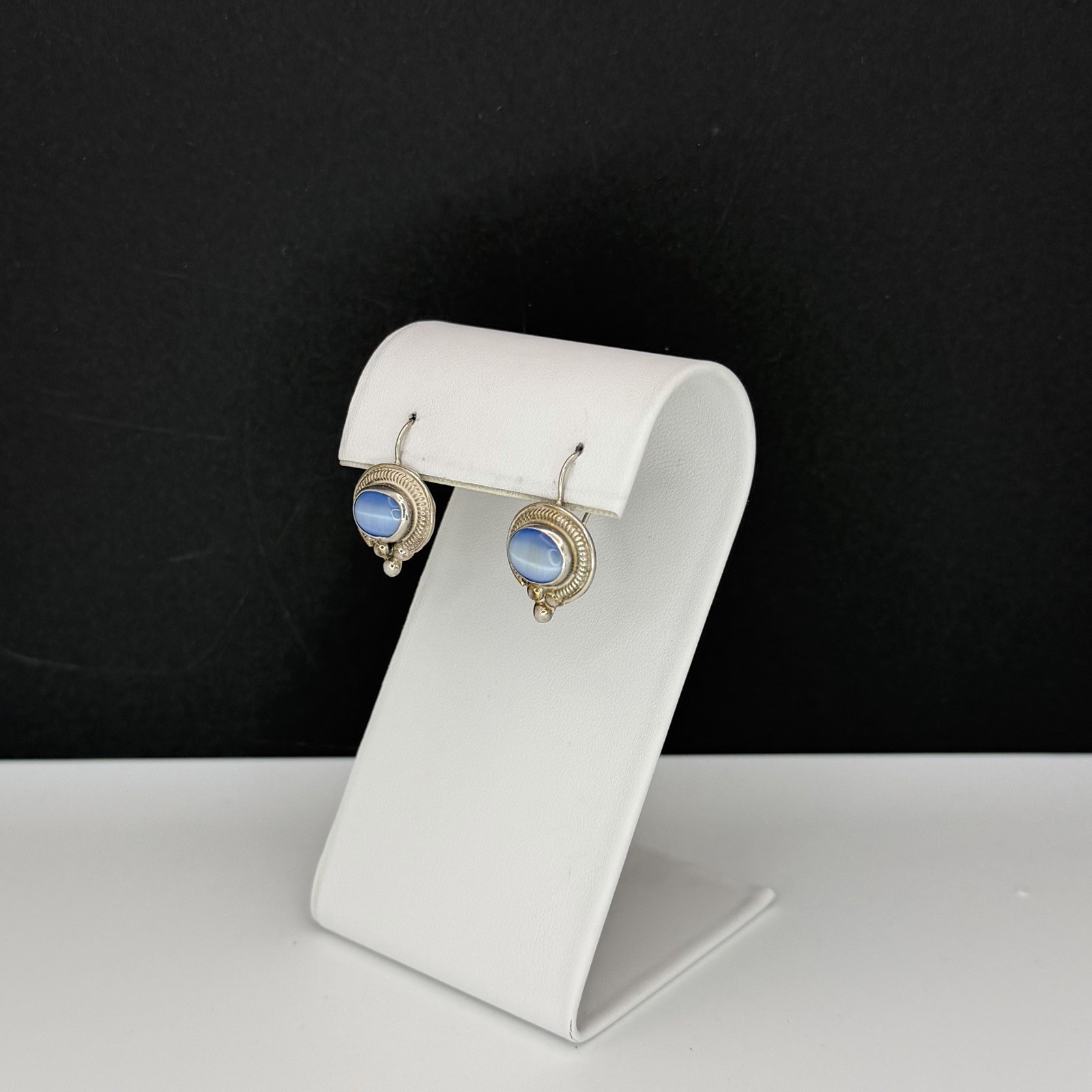 ATI Mexico 925 Sterling Silver Blue Cats Eye Drop Earrings Fish Hook Vintage