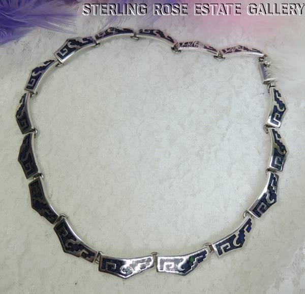 AZURE INLAID STURDY Sterling Silver 0.925 Estate 17″ NECKLACE w/ TONGUE & GROOVE