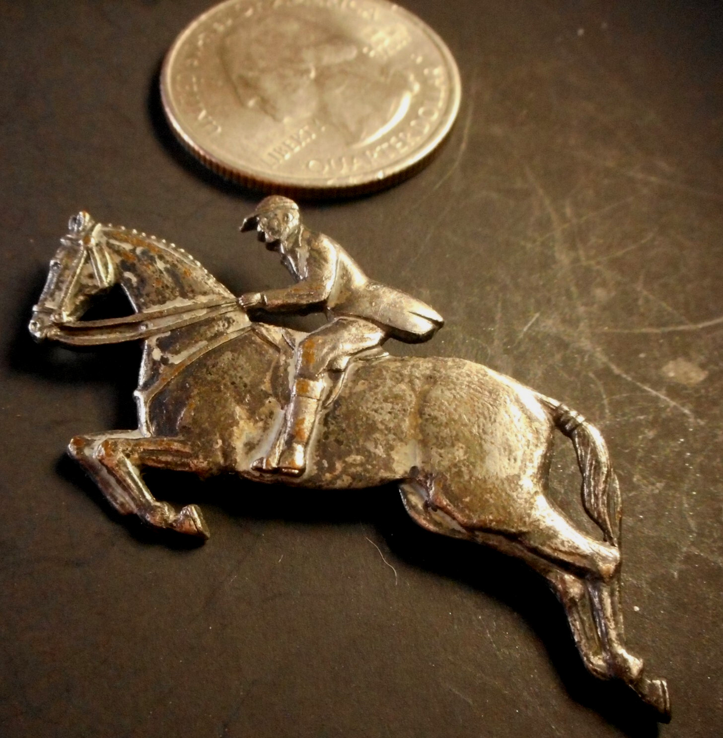 Vtg 2 Horse Brooches One Silvertone w Jockey One wood and Lucite Bucking Bronco