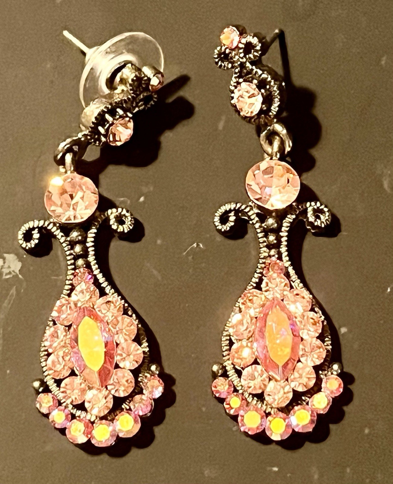 SNK Pink AB Quality Crystal Chandelier Earrings Gunmetal Base Art Deco Victorian
