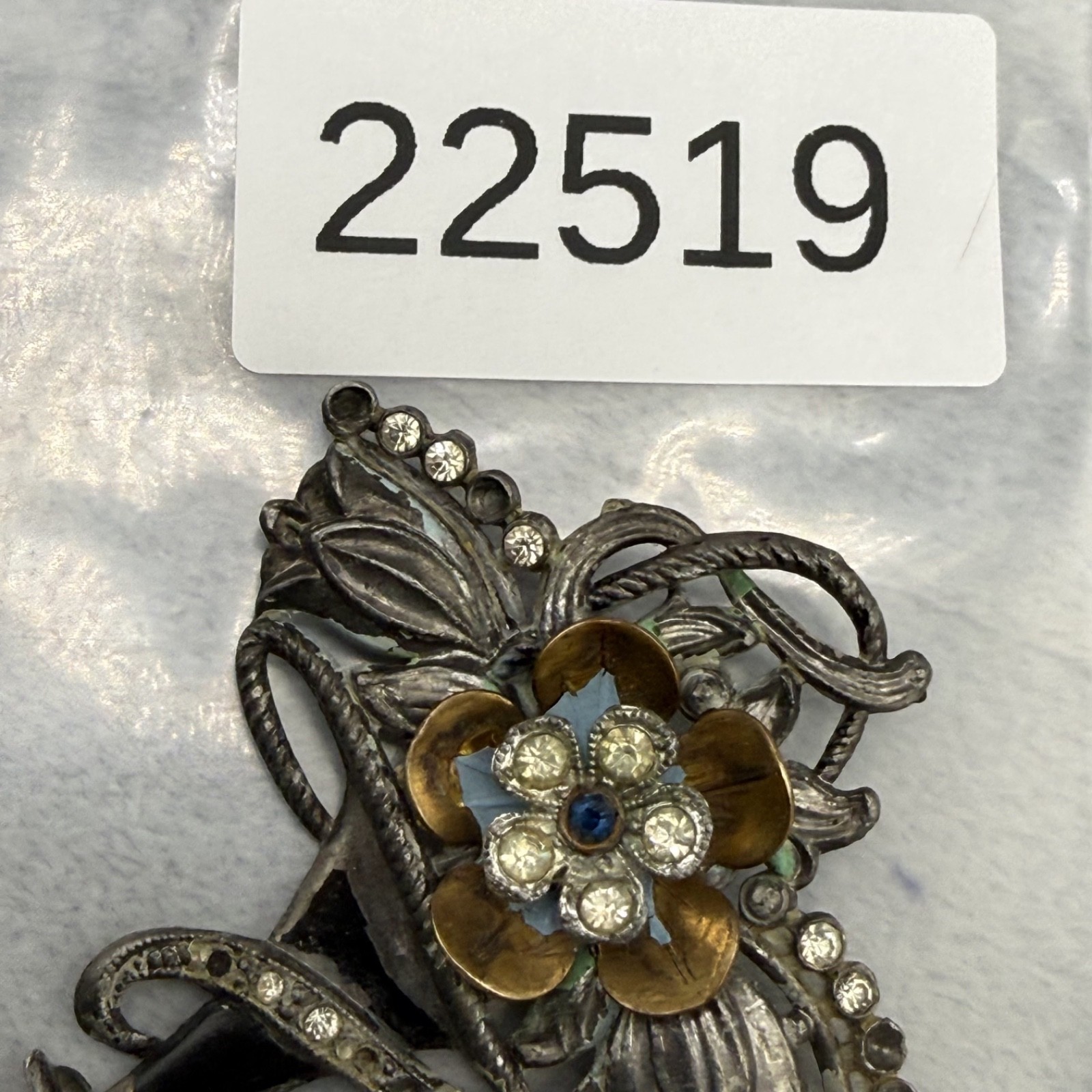 Vintage Potmetal Brooch Flower Basket Rhinestone New England Glassworks READ