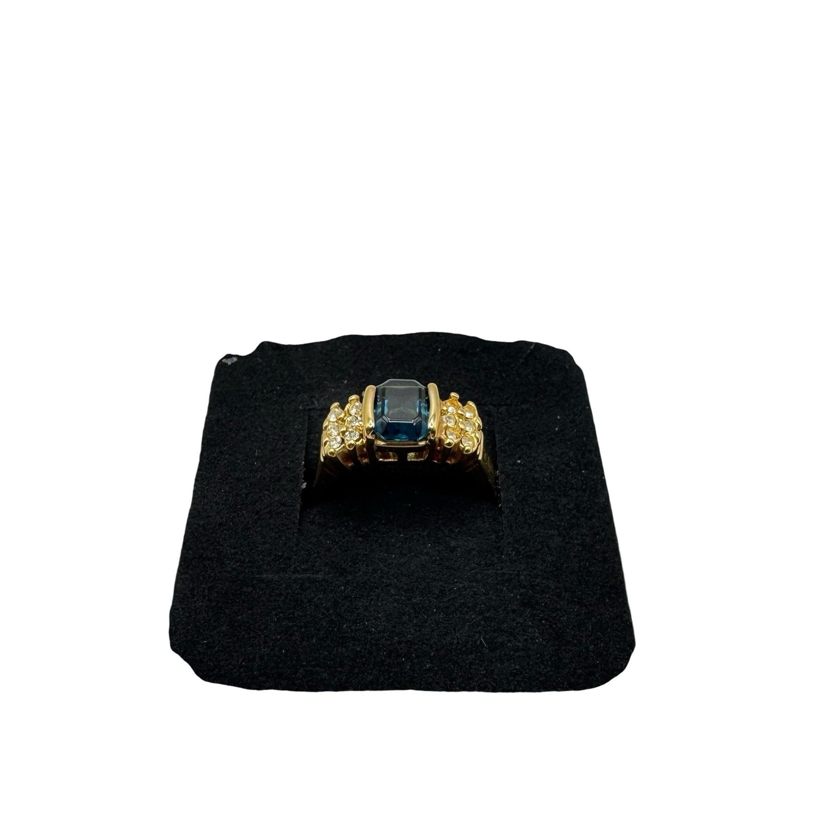 18k GE Ring Gold Electroplate Blue Rectangle w/ small white stones Size 8