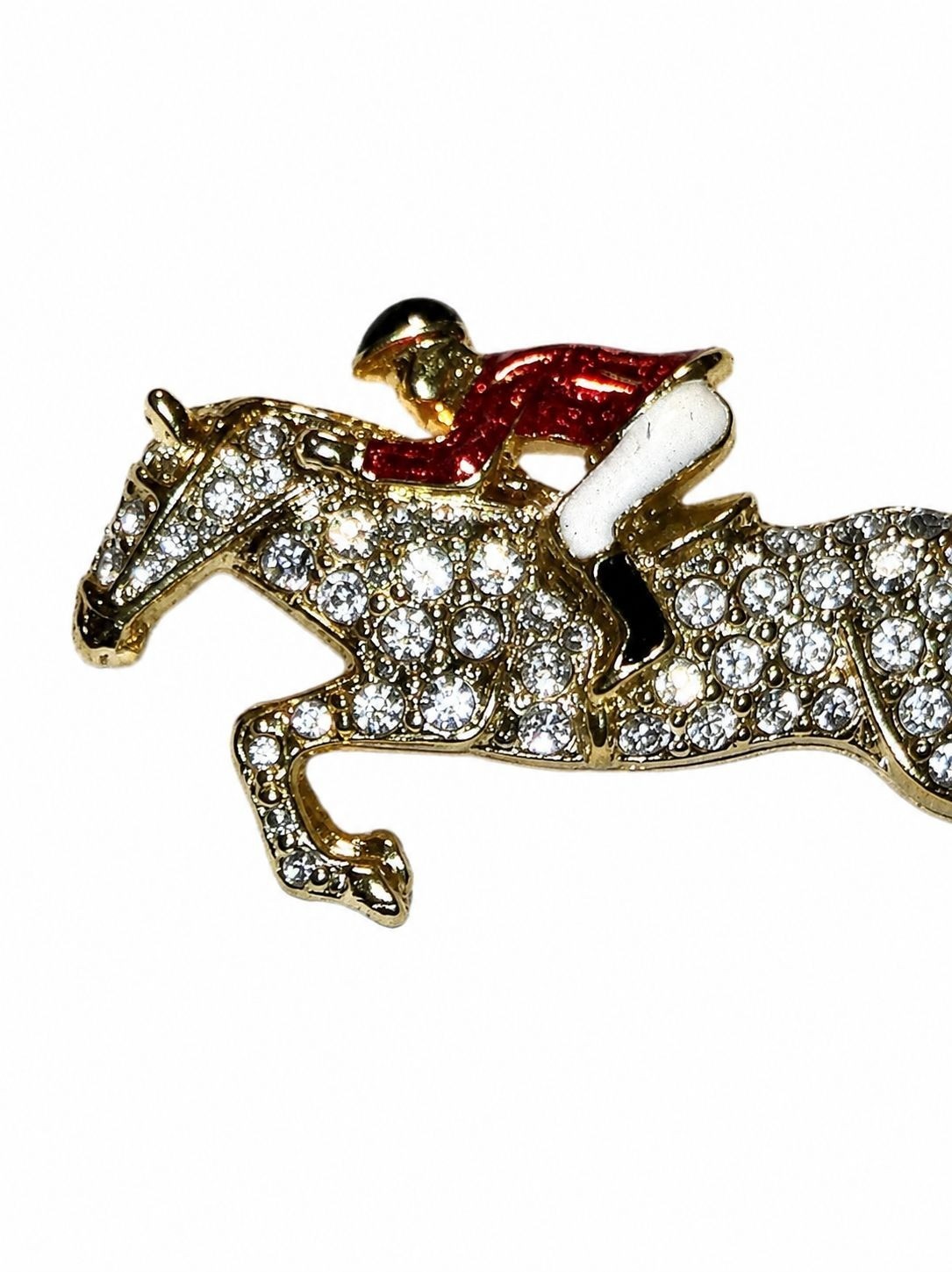 Jockey & Racehorse Rhinestone Red Jacket White Pant Enamel Running Horse Brooch