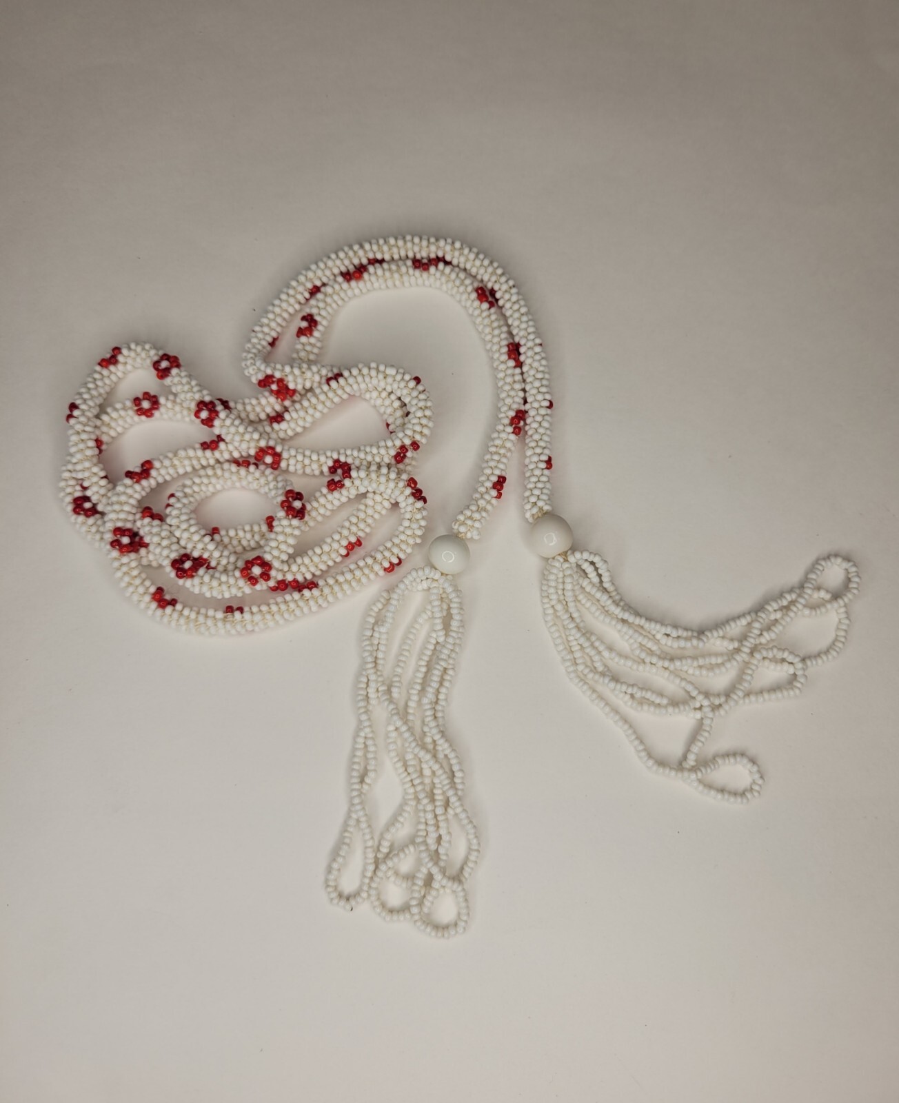 Vintage Antique Heavy Red White Floral Glass Sead Beads Tassels Flapper Necklace