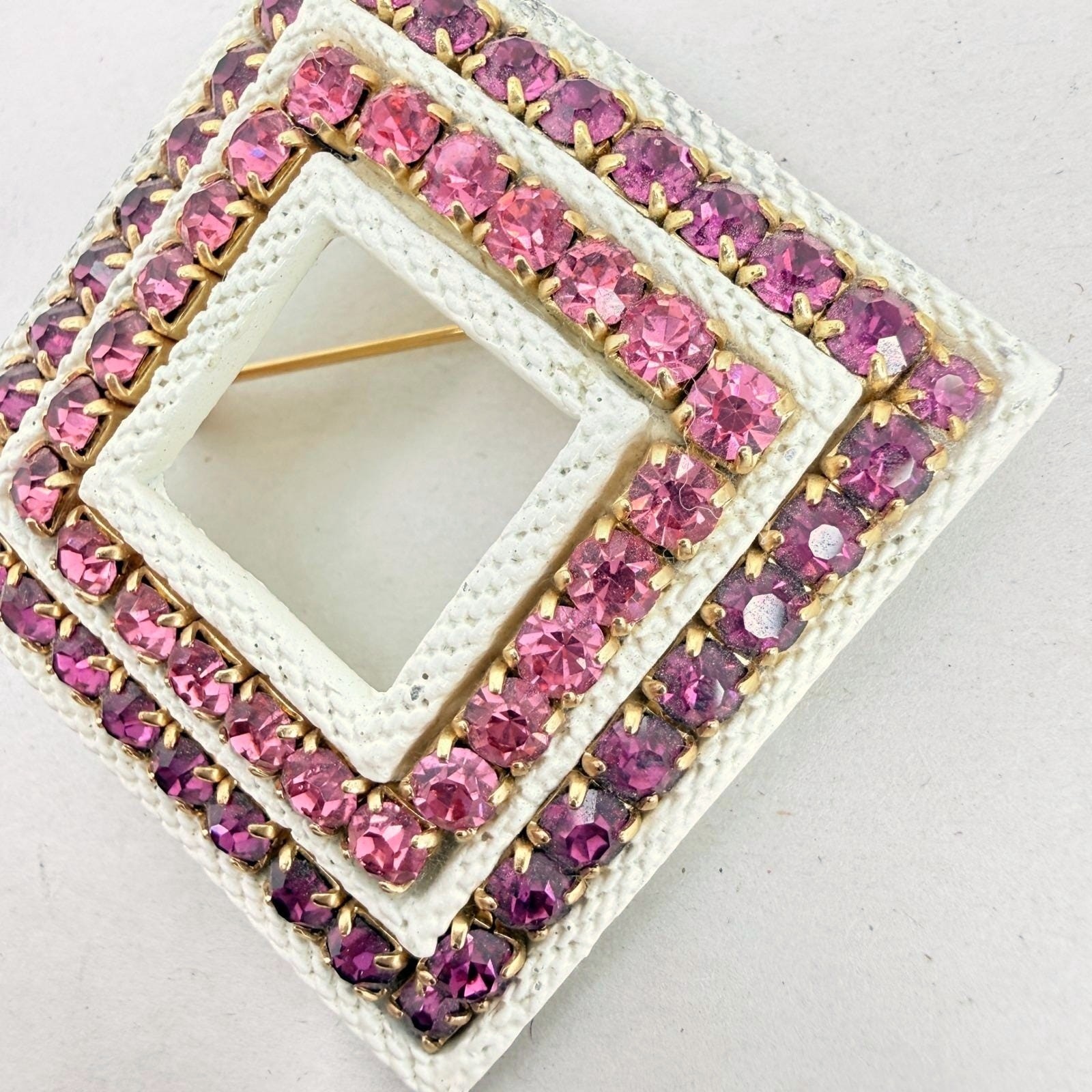 Vintage White Enamel Rhinestone Brooch Pin Geometric Square Pink Purple HEAVY