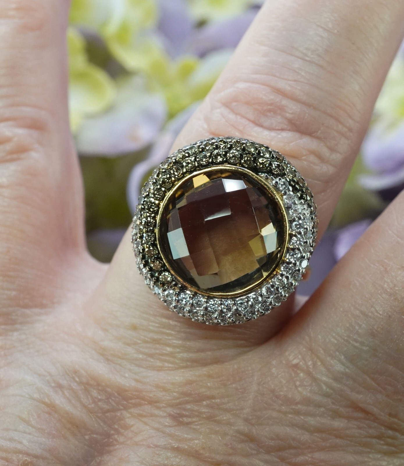 Vintage Quartz Champagne White Diamond Ring 14K Gold Designer Estate Italy