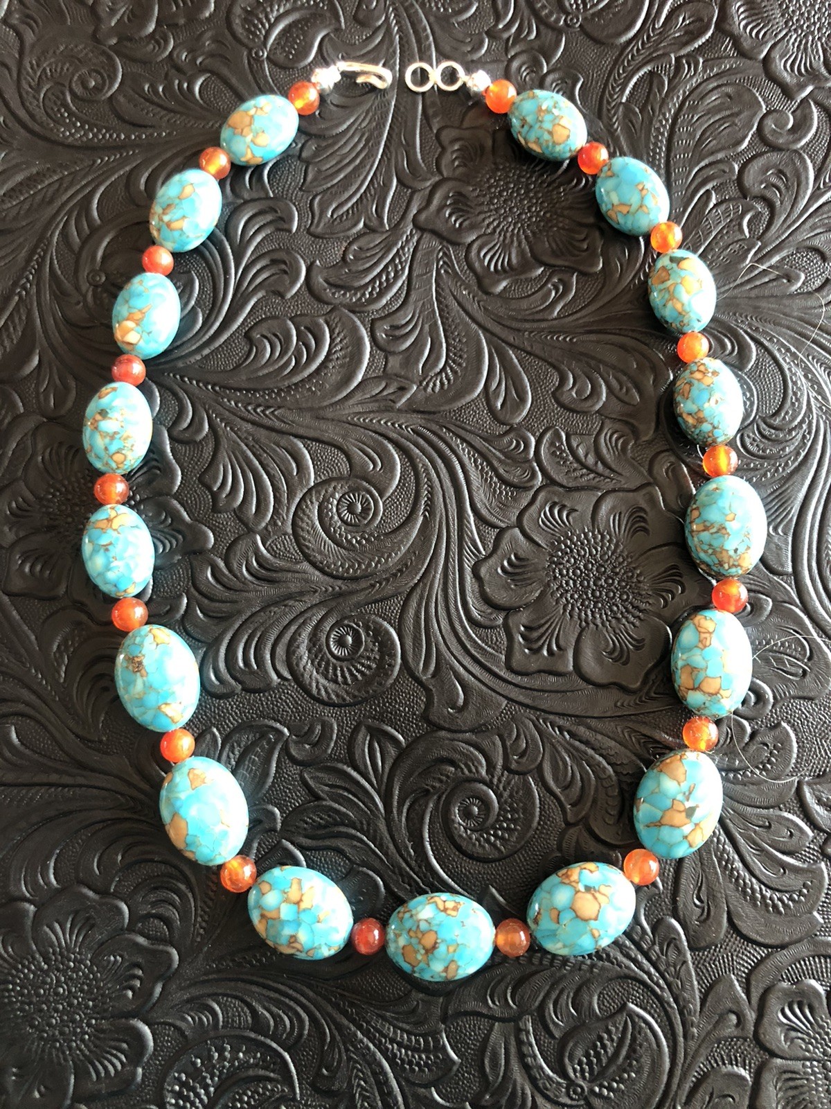 Mosaic Turquoise Beads, Natural Orange Agate Beads 18” Necklace, 925 Clasp