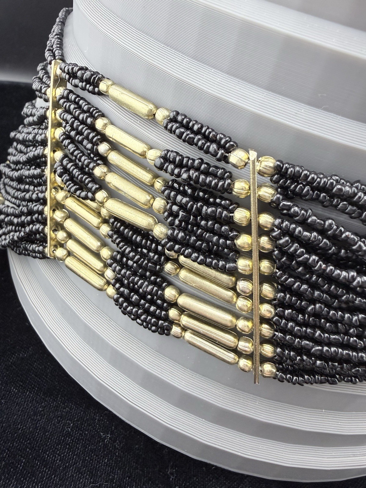 Vintage Black & Gold Multi-Strand Seed Beaded Statement Necklace – Stunning!