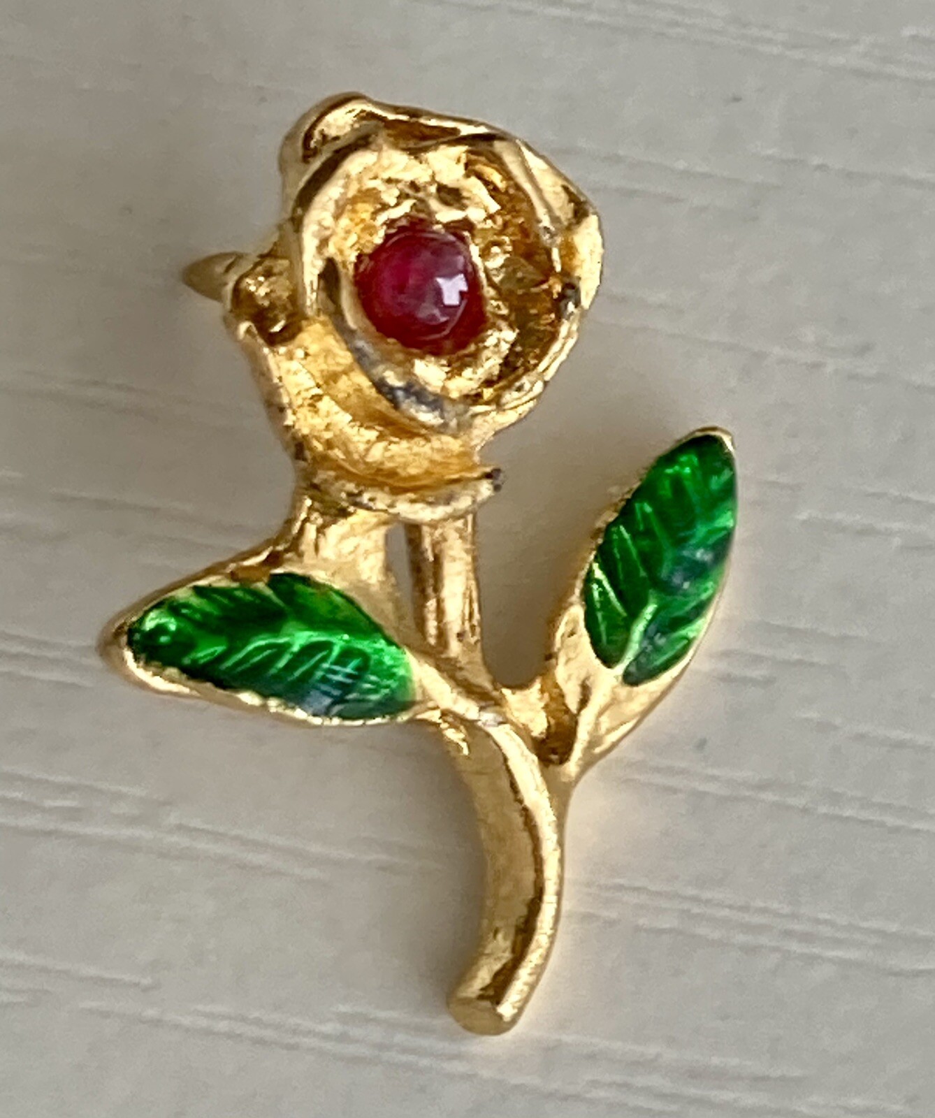 Vintage Rose Flower Lapel Pin Green Enamel Pink Spinel Gem Gold Tone 3/4in 3.3g