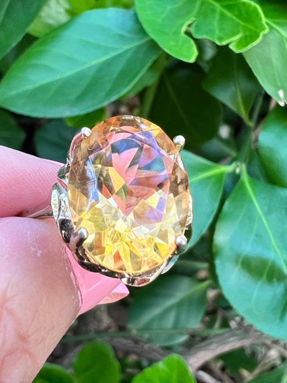 VINTAGE LARGE OVAL HONEY GOLDEN CITRINE STATEMENT RING GILDED 925 STERLING SLVER